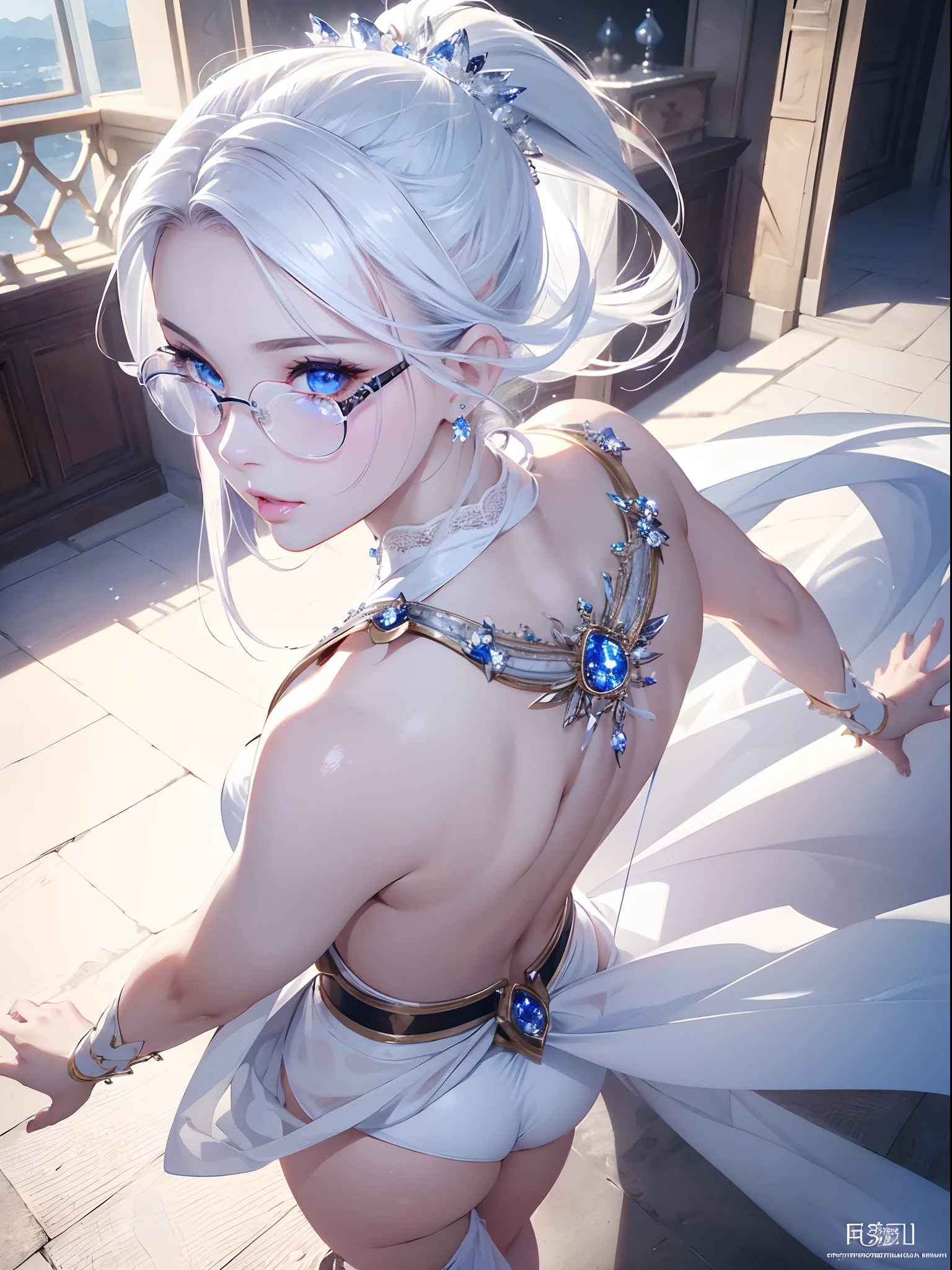 (​masterpiece,of the highest quality、8K ),Insanely detailed, Caustics,One Cute Girl,(16 years old:1.1),Seductive smile,Mega Ponytail,Half Rim Glasses,Dancer costume in oriental style,veils,Look at viewers,Midriff,Butt crack,Glamorous hips,(Looking Back:1.4),(From  above:1.3),(Nokezoru :1.2),arms on head,(detailed and beautiful eyes、(Glossy Lip、Crystal clear skin、White and beautiful skin:1.2),long lashes、Eye Highlights,Hyper realistic,Perfect Anatomy