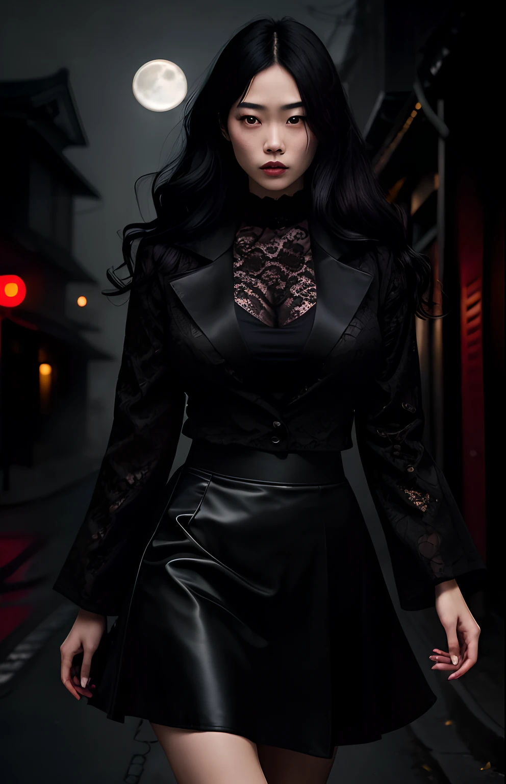 Horror theme element, realistic high quality masterpiece, (beautiful) Japanese female, age 27,wavy long black hair, walking down dark moonlit alley,moon in sky in background, moonlit,with fog and shadows, spooky,nightime,cinematic lighting,dressed conservatively, wearing a deep purple lace top & double breasted coat black (buttoned up) closed coat black, medium length black skirt black.