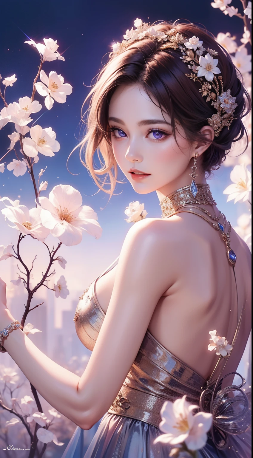 tmasterpiece,Highest high resolution,((themoon)),Dynamic bust of a beautiful aristocratic maiden,elegantly coiled brown chestnut hair,Purple clear eyes,Hair is covered with beautiful and delicate floral craftsmanship, Crystal Jewelry Filigree,Ultra-detailed details,upscaled,The Earth Rises。