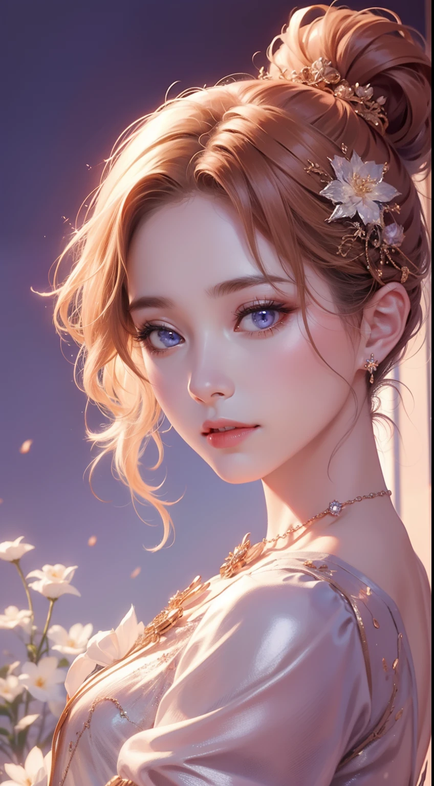 tmasterpiece，Highest high resolution，((themoon))，Dynamic bust of a beautiful aristocratic maiden，elegantly coiled brown chestnut hair，Purple clear eyes，Hair is covered with beautiful and delicate floral craftsmanship, Crystal Jewelry Filigree，Ultra-detailed details，upscaled，The Earth Rises。