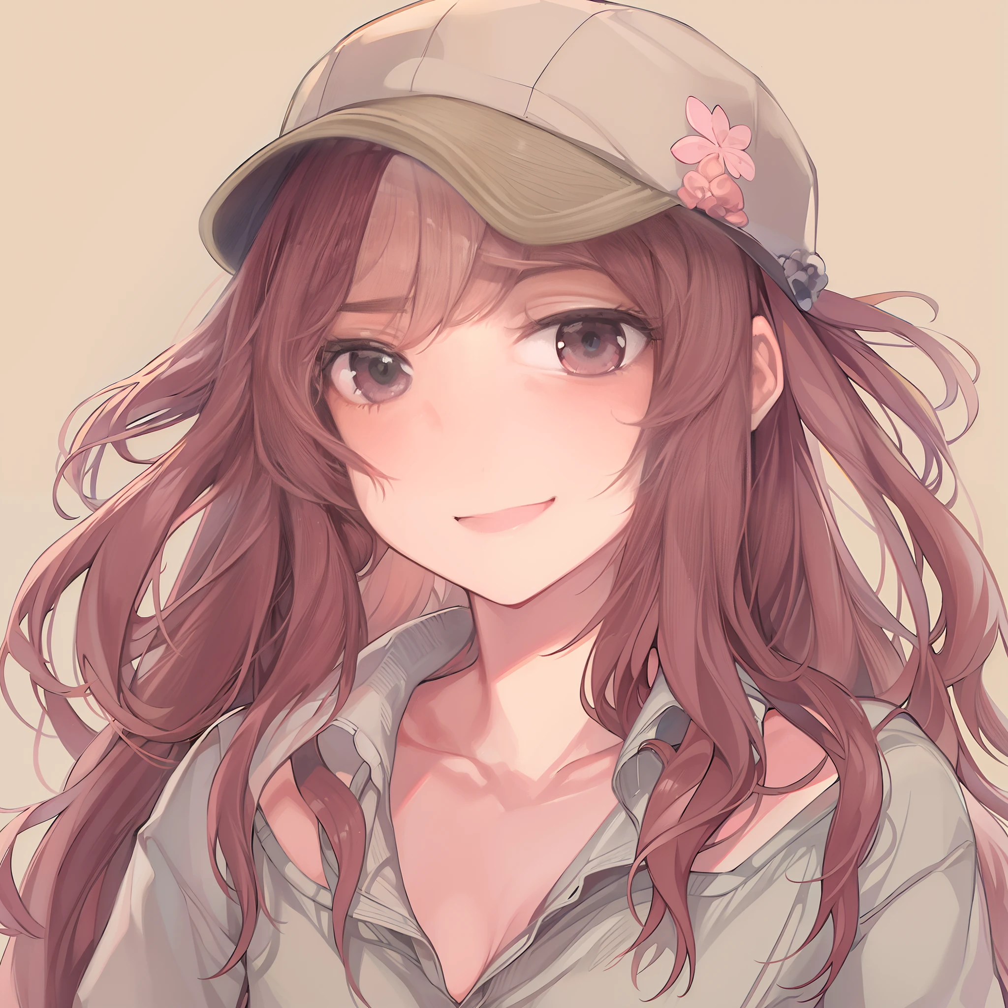 1girl, 15 years old, brown hair, long hair, pink hat, pink shirt, gray eyes