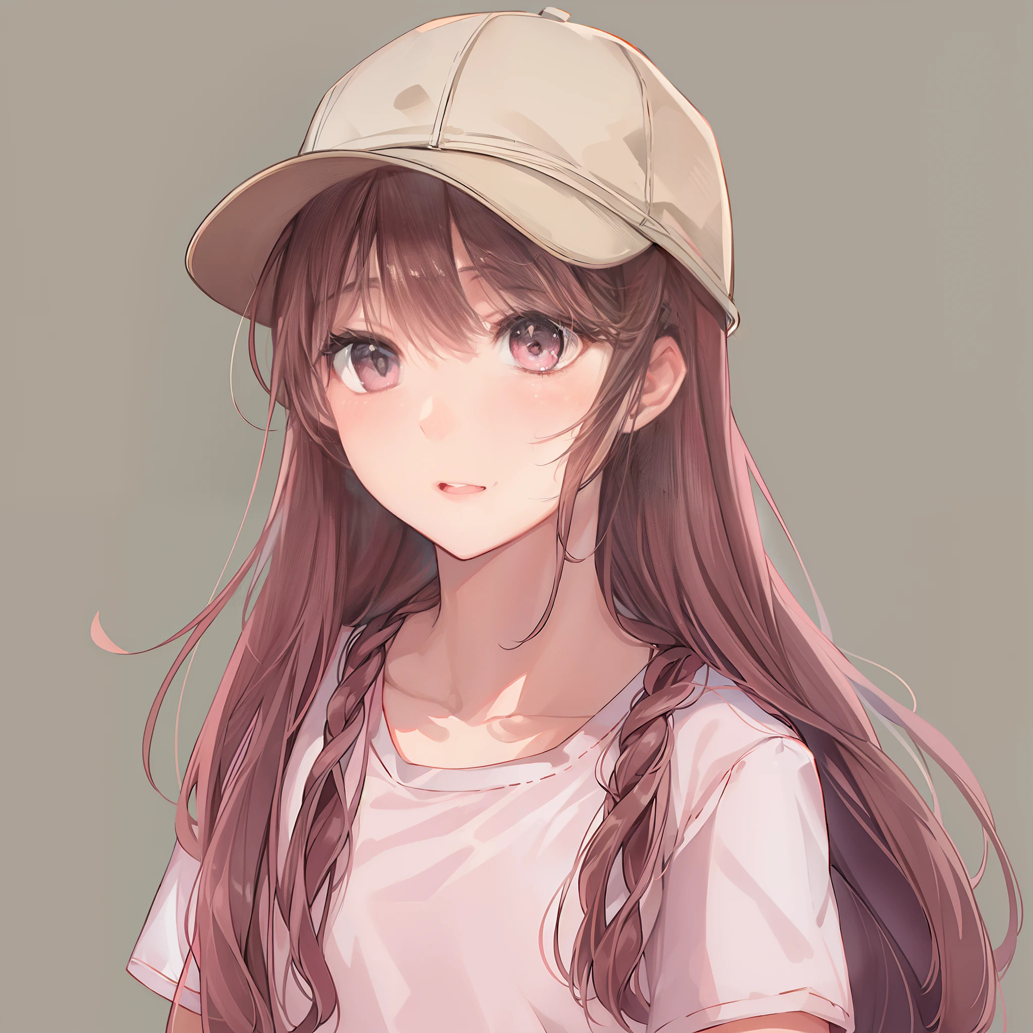 1girl, 15 years old, brown hair, long hair, pink hat, pink shirt, gray eyes