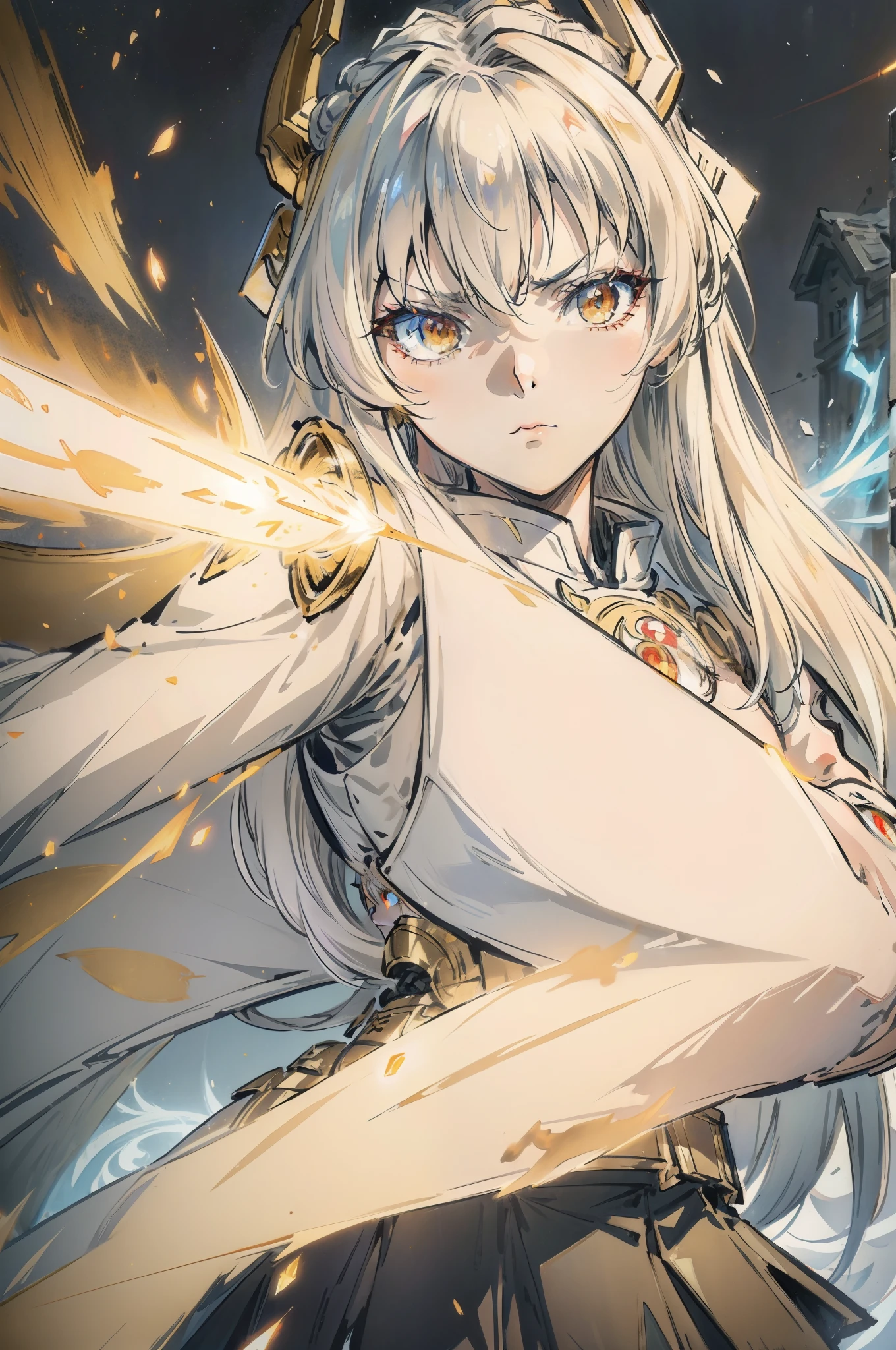 Tall girl, white hair, golden eyes, using saber, light armor, no skirt, 8k, high quality, aloof, cold eyes, emotionless, no emotion, dragon aura, wielding katana, beautiful girl, dragonic aura