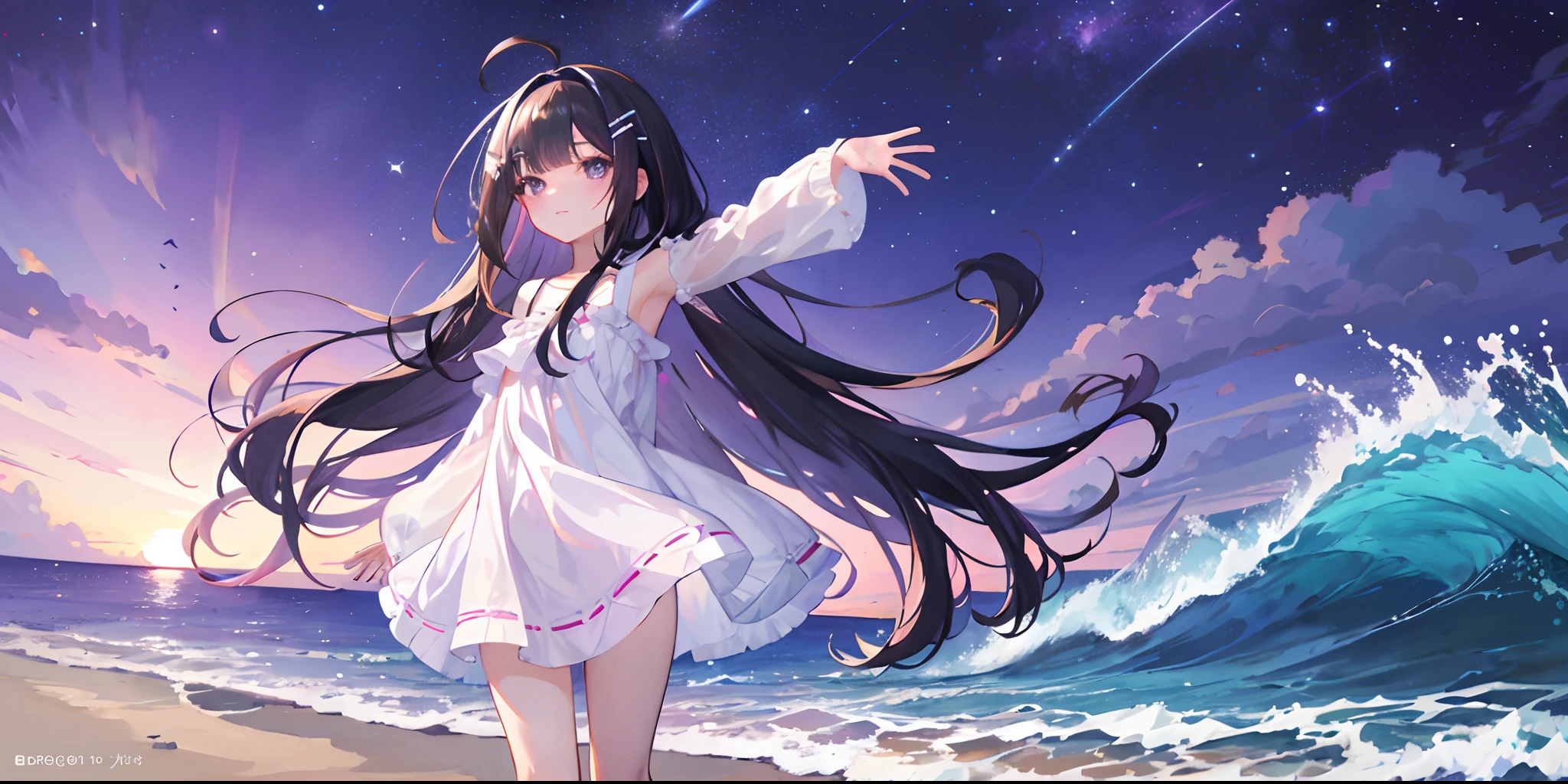 masterpiece, best quality, in summer, night, stars, sea, on the ocean, beautiful purple sunset at beach , girl, solo, long hair, black hair, ahoge, bangs, blunt bangs, long bangs,three hairclip,one pink hairband, smug, brown eyes, summer_dress, whitedress, bare legs, waving,