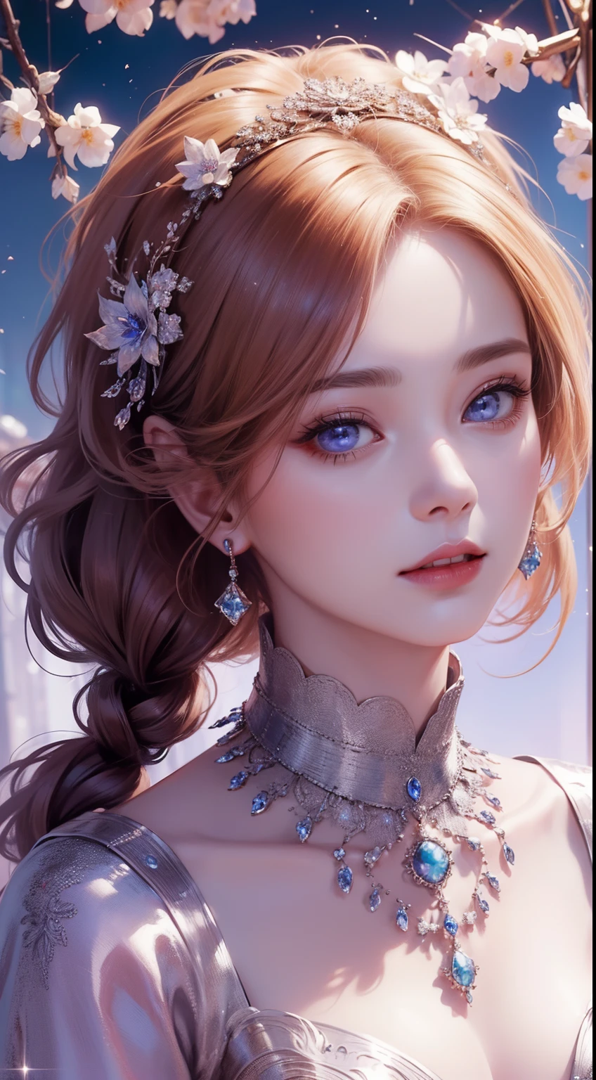 tmasterpiece，Highest high resolution，((themoon))，Dynamic bust of a beautiful aristocratic maiden，elegantly coiled brown chestnut hair，Purple clear eyes，Hair is covered with beautiful and delicate floral craftsmanship, Crystal Jewelry Filigree，Ultra-detailed details，upscaled，The Earth Rises。