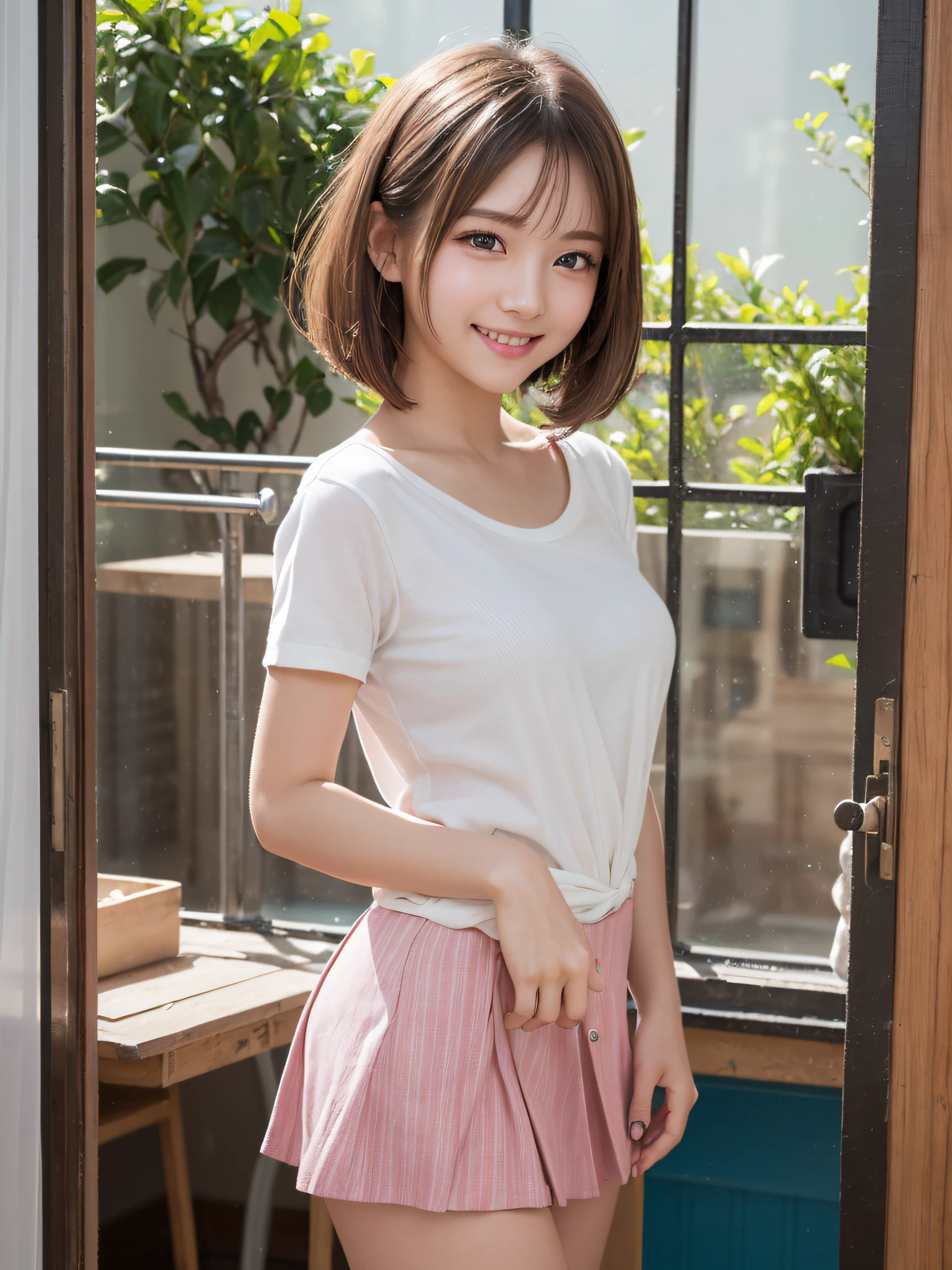(masterpiece), (top-quality), Top quality ultra-detailed CG art、Upper body naked、(pupils on:1.2)Pink head、Glossy hair、smooth hair、large blue eyes,Mid summer、Delicate body、cheerful girl、Tying hair、、bob cuts、vertical stripes、Art Room、student clothes、shortsleeves、a miniskirt、 (realistic:1.5), 1 girl, precise small hands, Embarrassed look, Smile, extremely cute girl, Clear eyes, Shining eyes,