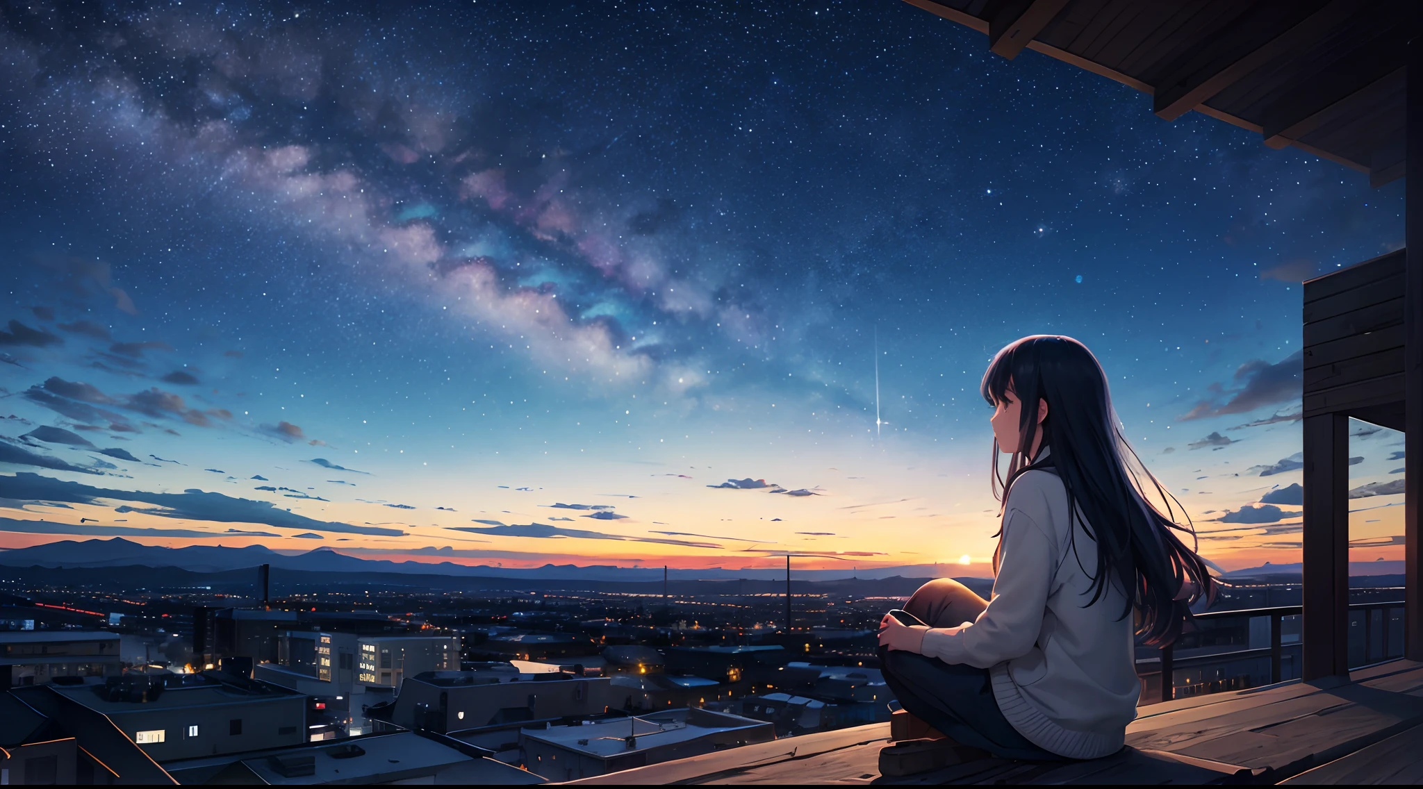 octans, sky, star (sky), scenery, starry sky, night, 1girl, night sky, solo, outdoors, building, cloud, milky way, sitting, tree, long hair, city, silhouette, cityscape