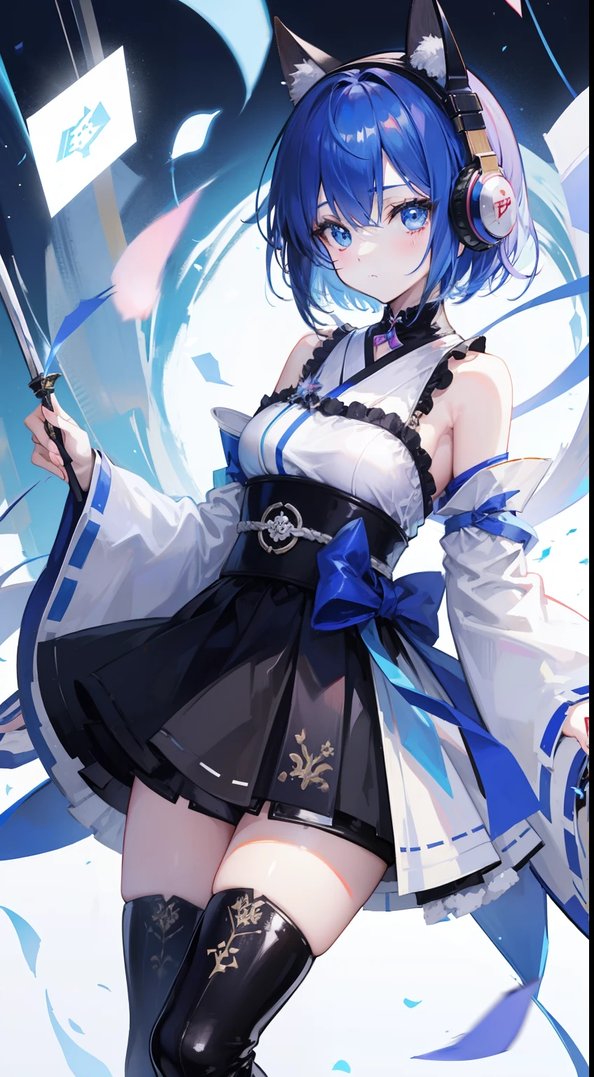 short-hair、gotik、Japanese ta、Hold the sword、Confetti、head phone、hotpants、Blue Flame、A picture that can be seen in its entirety Black boots