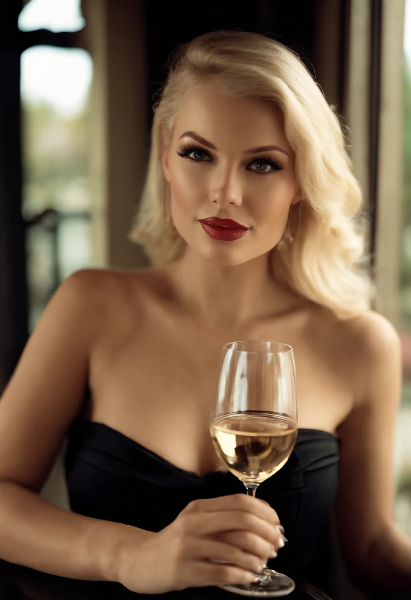 Mellisa Hollifield, a blonde woman,25 years old, hot dressed holding a glass of wine as she poses at a restaurant by a restaurant window, in the style of dollcore, light brown and black, twisted, photo taken with provia, angelcore, hollywood glamour, barbiecore, clear background --ar 9:16--