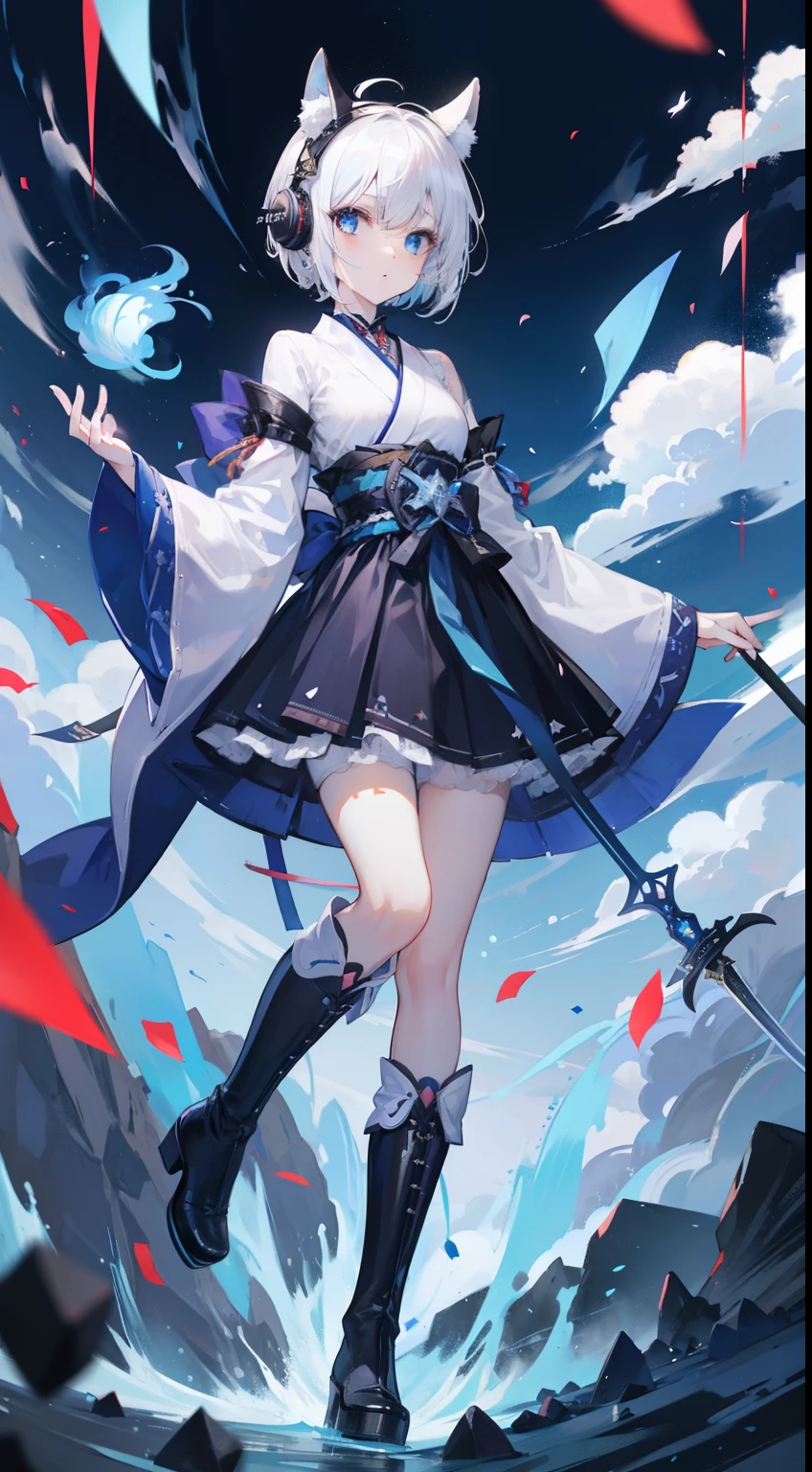 short-hair、gotik、Japanese Lolita、Hold the sword、Confetti、head phone、hotpants、Blue Flame、A picture that can be seen in its entirety Black boots
