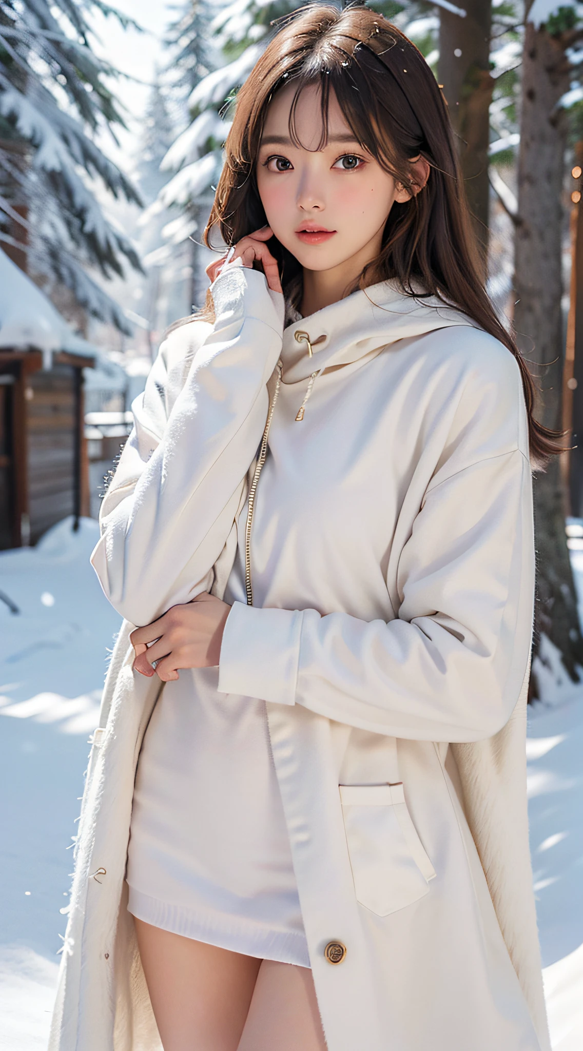 1womanl, up of face, light brown hair, Blunt bangs, hair behind ear, hair over shoulder, Long hair, slender body shape, Ultra Fine Face, Thin face, Delicate lips, Beautiful eyes, thin blush, eyes are light brown,View here, Ultra-thin hands, Ultra-fine fingers, best ratio four finger and one thumb, (realisitic:1.3), White cloak coat. muffler,gloves、Coniferous forest with heavy snowfall, It's snowing.One-person viewpoint, Fuji Film, 8K, masutepiece, nffsw, Super Detail, High quality, Best Quality, hight resolution,