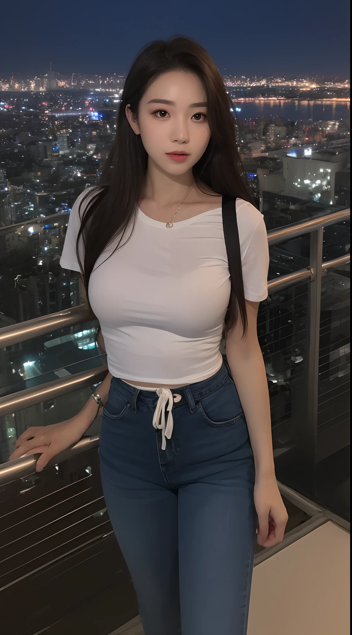 ((Midnight, Best quality, 8k, Masterpiece :1.3)), Whole body, Long legs, Sharp focus :1.2, A pretty woman with perfect figure :1.4, Slender abs :1.1, ((Dark brown hair, Big breasts :1.2)), (White tight tshirt, Jean bib, Standing:1.2), ((Night city view, Rooftop:1.3)), Highly detailed face and skin texture, Detailed eyes, Double eyelid