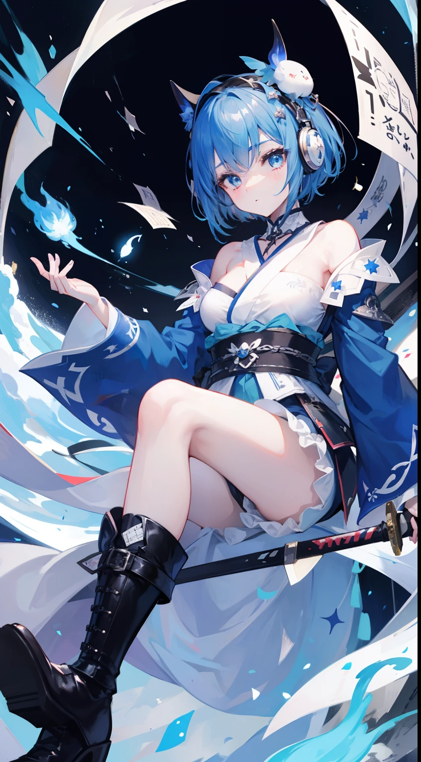 short-hair、gotik、Japanese ta、Hold the sword、Confetti、head phone、hotpants、Blue Flame、A picture that can be seen in its entirety Black boots