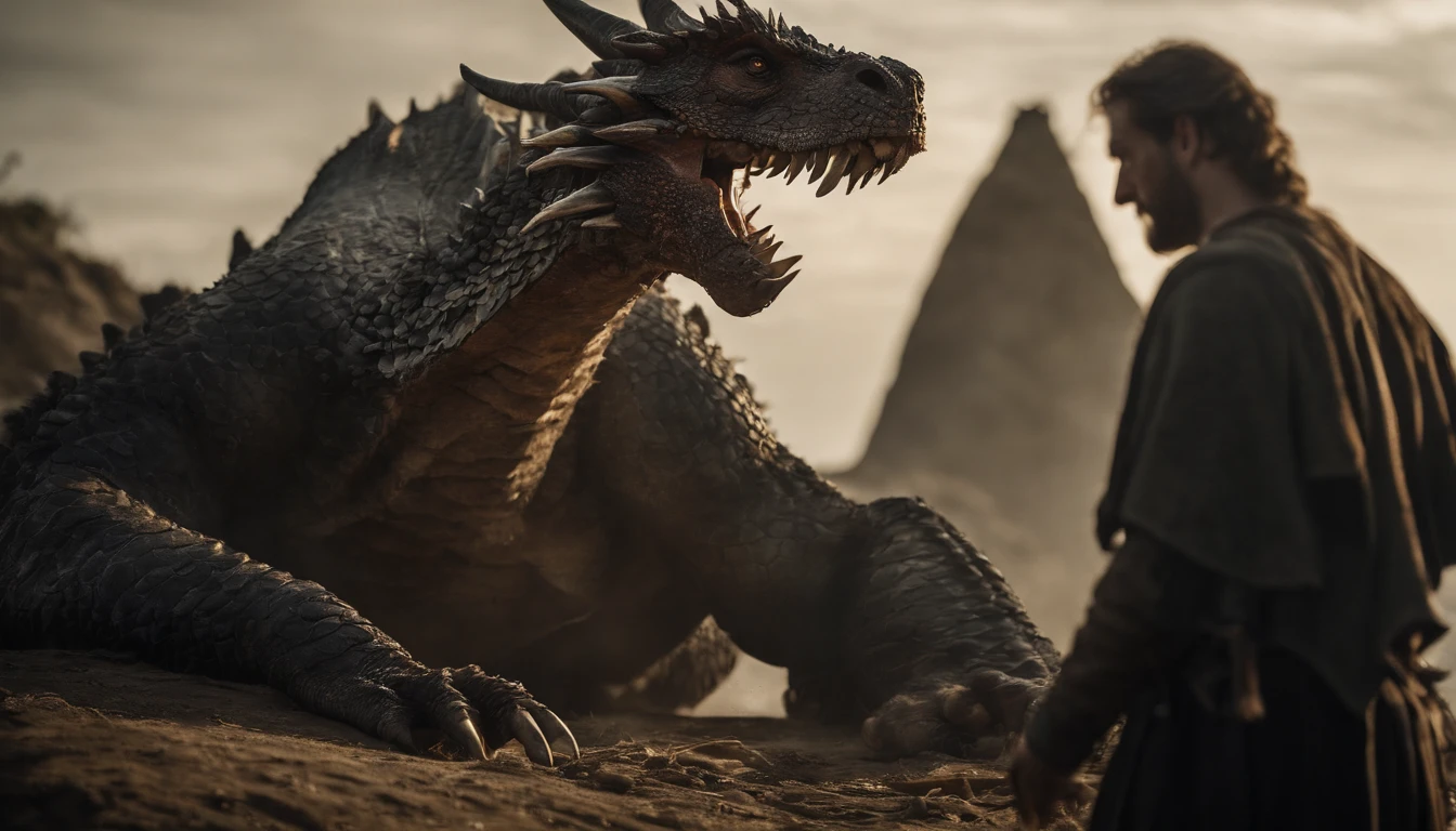 An Warrior looking a dead rough dragon