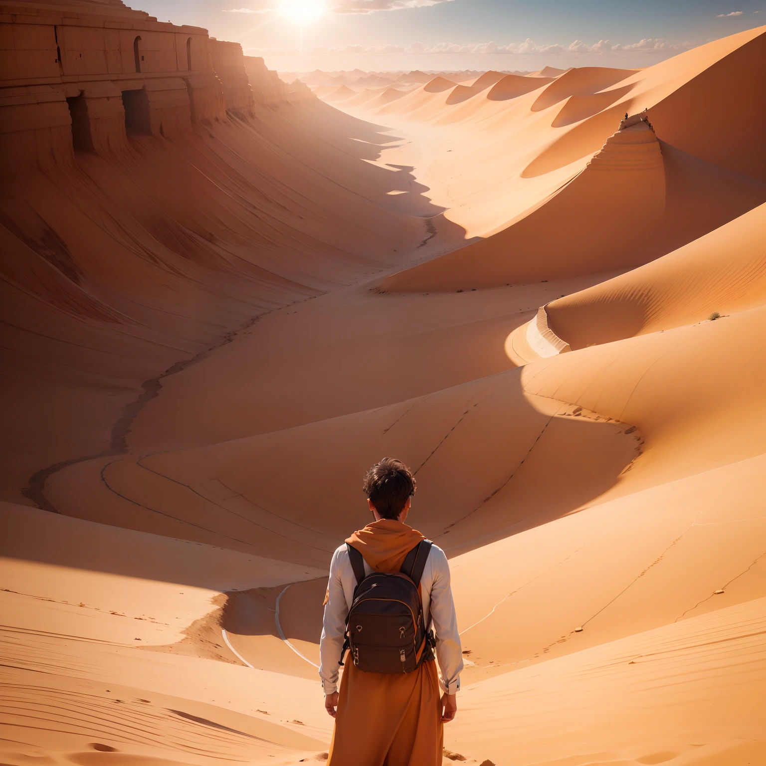 Scene description: (nascer do sol avista)
((In a vast and desolate expanse of desert, Um jovem fica sozinho de costas olhando para o nascer do sol,)) vestido com roupas esfarrapadas e carregando uma pequena bolsa. His face is young and determined, como se estivesse pronto para enfrentar qualquer desafio que surgir em seu caminho. Behind him, the landscape is barren and lifeless, with only wilted grasses blowing in the breeze. In front of him is an unknown realm, cheio de infinitas possibilidades. The whole scene is filled with the spirit of adventure and exploration, making someone feel compelled to follow the young man on his journey, para explorar o mundo desconhecido.