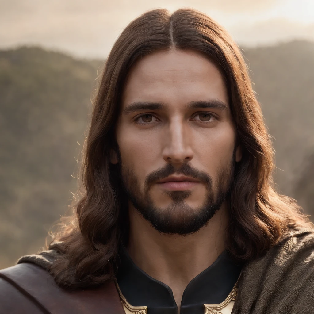 a man with long hair and a beard wearing a golden shirt, kramskoi 4 mil, handsome prince of persia, inspired by Osman Hamdi Bey, Jason Momoa as Assyrian, inspired by Frederick Lord Leighton, Thorns, as a medieval fantasy character, inspired by Altoon Sultan, Jesus Alonso Iglesias, Jesus, Prince of Egypt, Portrait taken 8K