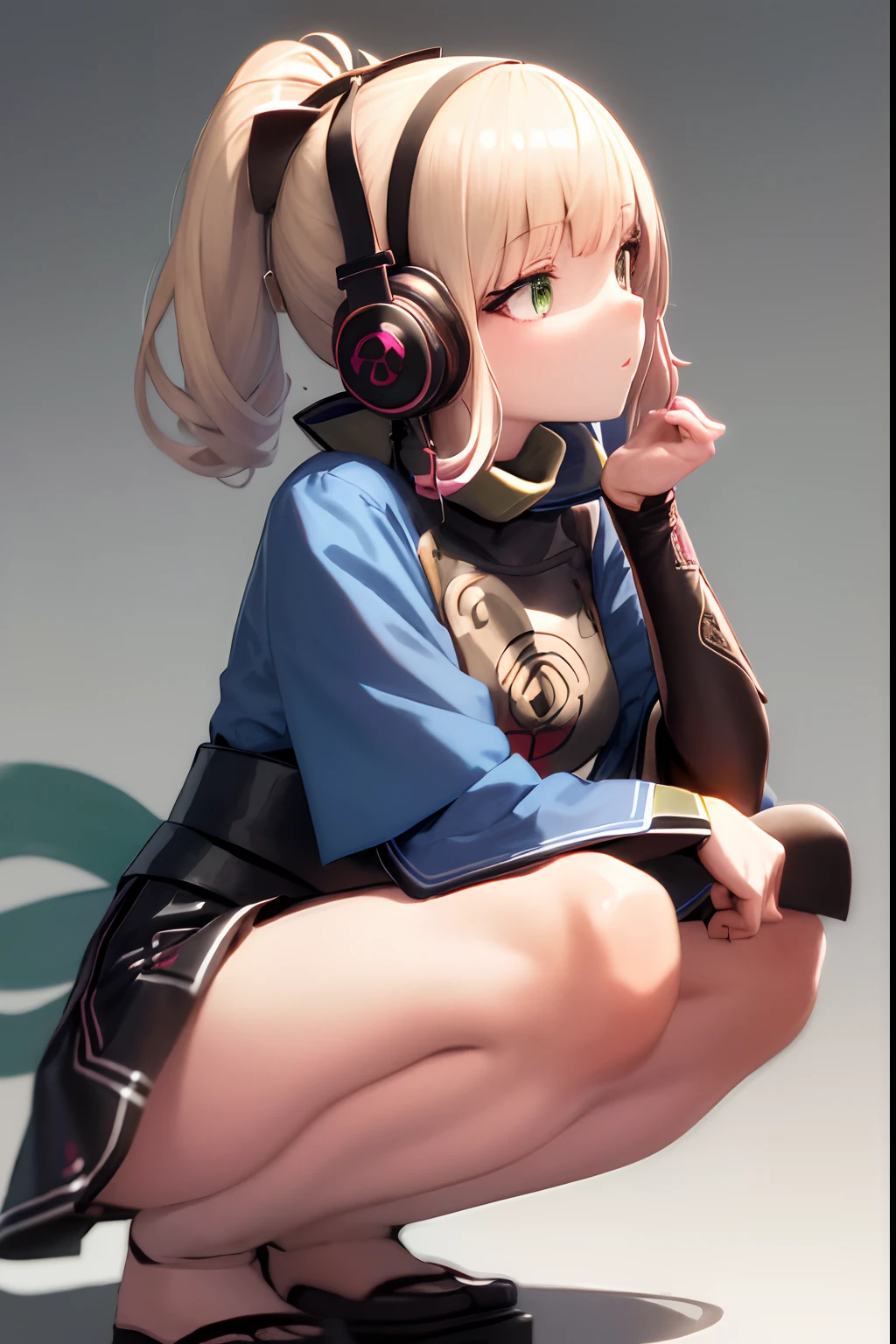 (masutepiece), (Best Quality, hight resolution, ighly detailed, Illustration), 1girl in, Solo, city, Contemporary, Profile picture close-up, Blonde beige long hair, Green eyes, Beautiful detailed eyes, Squatting, headphones, 8K, Trending on ArtStation, featured on pixiv