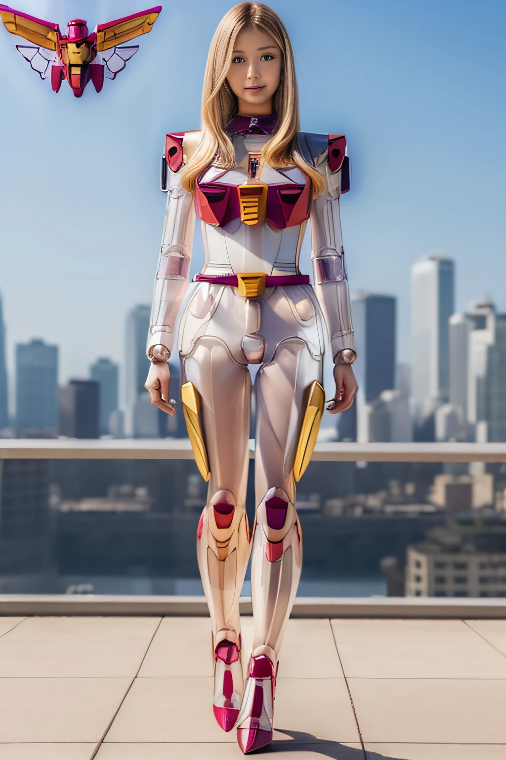 best qualtiy、masutepiece、超A high resolution、(Photorealistic:1.4) 、infp young woman、(modeled:1.2)、Smaller head、a small face、blonde  hair、long legged、(Transparent Gundam Suit:1.4)、(Transparent body:1.15)、high-heels、(Full body:1.4)、Appearance without makeup、smil、Walking Pose、(Small butt:0.7)、Colossal tits、Huge breasts、(the perfect body:1.7)、Big city background、By Michelangelo