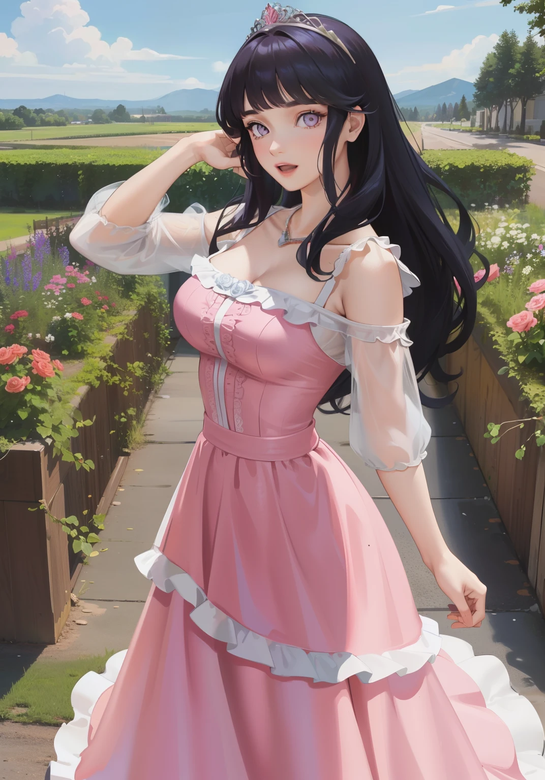 (auroraWaifu:1), surprised, beautiful pose, looking at the viewer, thick thighs, (long pink dress:1.2), (medium hair, tiara) :D, curvy, (holding a red rose:1),

(realistic: 1.2), (realism), (masterpiece: 1.2), (best quality), (ultra detailed), (8k, 4k, intricate), (full-body-shot: 1), (Cowboy-shot: 1.2), (85mm), light particles, lighting, (highly detailed: 1.2), (detailed face: 1.2), (gradients), sfw, colorful, (detailed eyes: 1.2),

(detailed landscape, garden, plants, castle: 1.2), (detailed background), detailed landscape, (dynamic angle: 1.2), (dynamic pose: 1.2), (rule of third_composition: 1.3), (line of action: 1.2), wide shot, daylight, soil, Blunt Bangs, purple eyes,dark blue hair