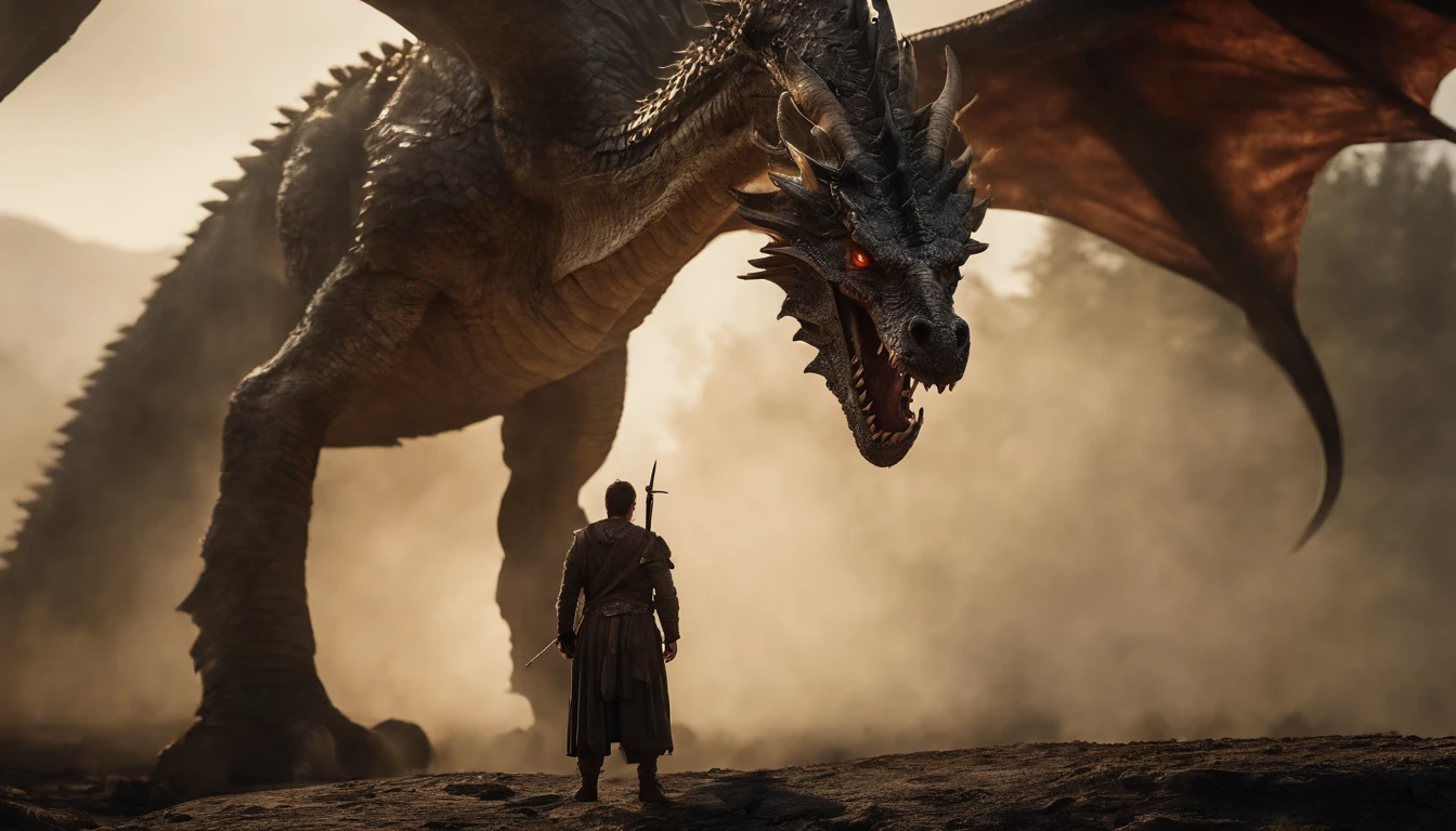 A warrior looking at a dead rough dragon