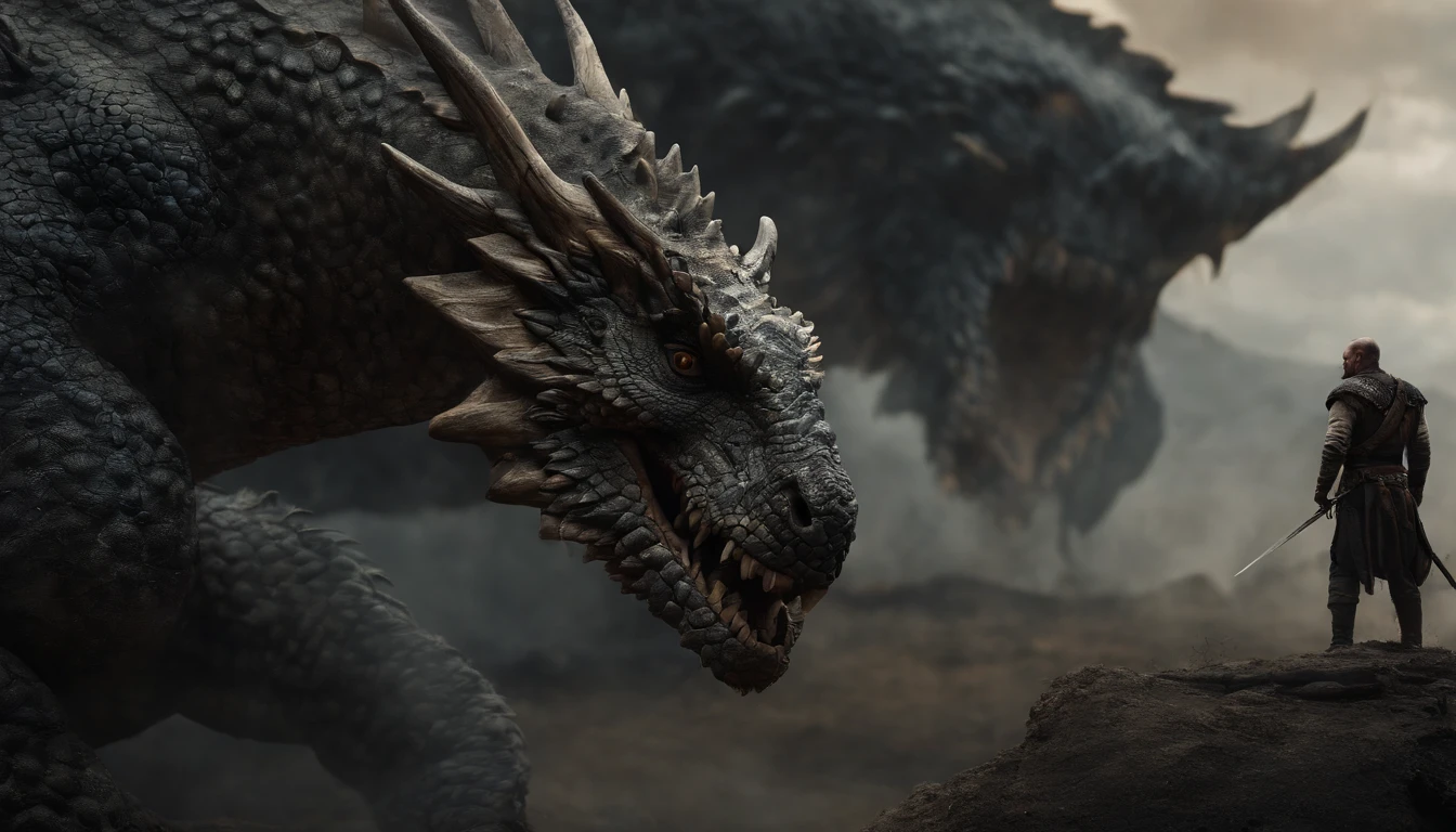 A warrior looking at a dead rough dragon