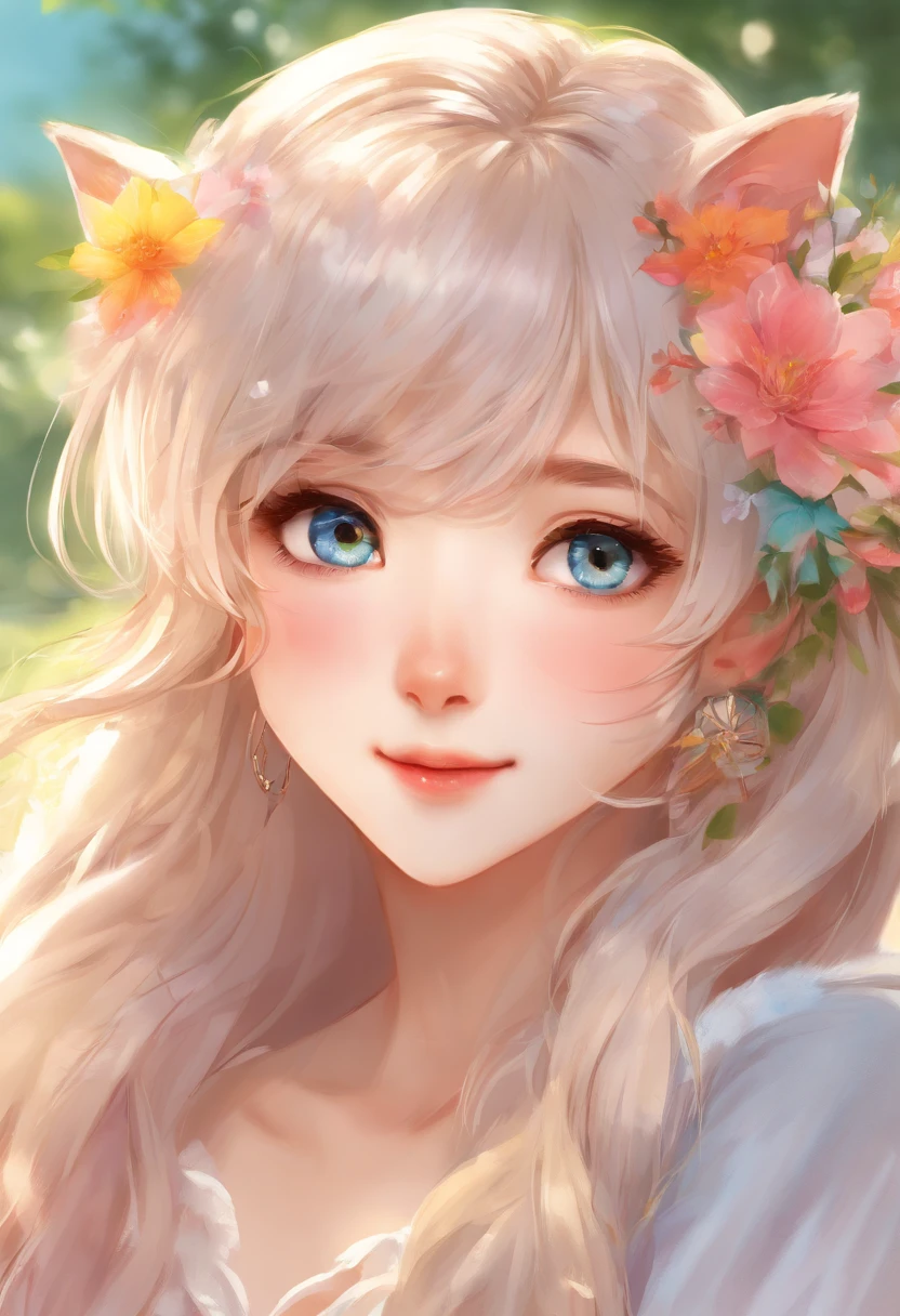(best quality, highres, ultra-detailed), realistic, portrait, white-haired neko young adult, blue eyes, long hair, detailed facial features, delicate skin texture, gentle expression, subtle smile, vibrant and lifelike eyes, flowing locks of hair, intricate hair strands, soft and silky hair texture, ethereal atmosphere, elegant and graceful pose, tranquil and serene background, warm and soft lighting, soothing color palette, fine brushwork, masterful shading and highlights, captivating gaze, mesmerizing and captivating artistry