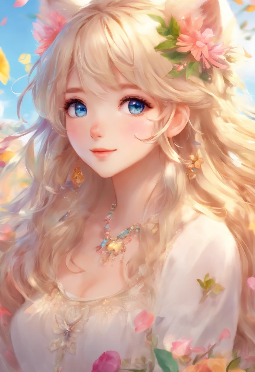 (best quality, highres, ultra-detailed), realistic, portrait, white-haired neko young adult, blue eyes, long hair, detailed facial features, delicate skin texture, gentle expression, subtle smile, vibrant and lifelike eyes, flowing locks of hair, intricate hair strands, soft and silky hair texture, ethereal atmosphere, elegant and graceful pose, tranquil and serene background, warm and soft lighting, soothing color palette, fine brushwork, masterful shading and highlights, captivating gaze, mesmerizing and captivating artistry