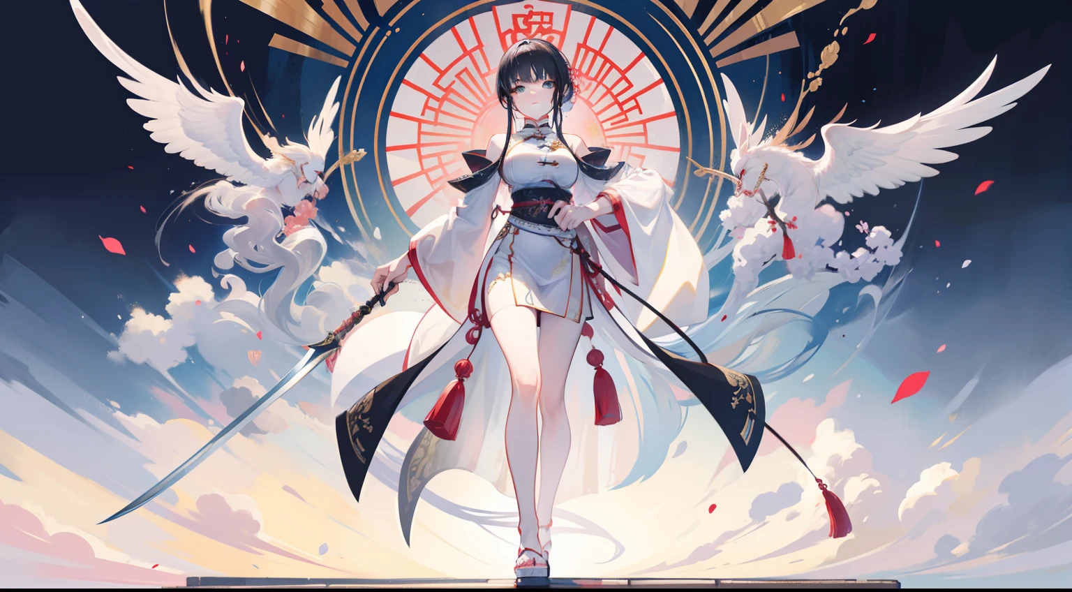 In front of a huge Chinese-style building,The image of a master swordsman of a woman holding a sword and a lot of swords, Extremely detailed Artgerm,Fitted white robe ,Bunched black hair,green-eyed,Frontal posture style Artgerm, Art germ on ArtStation Pixiv, Full body detail 4K,Dreamlike,and its detailed full-body detail 4K