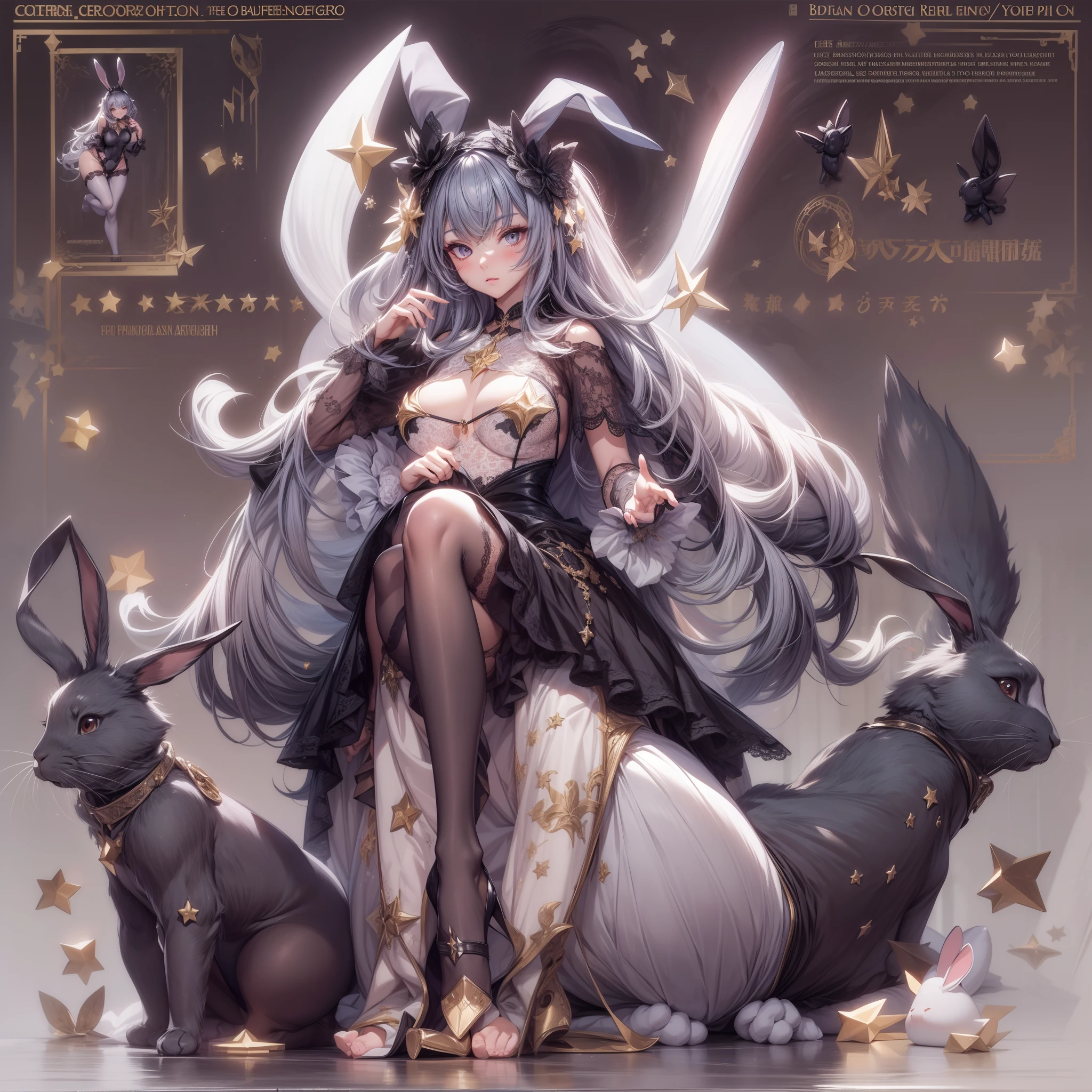 Masterpiece, Highest quality, Detailed face, CharacterDesignSheet，perfectly proportions，full bodyesbian，Full of details, Multiple poses and expressions, Highly detailed,  beautiful goddess woman，black in color，Wear a rabbit outfit，Star decoration，Lace，lacepantyhose, High Balance,Natural light