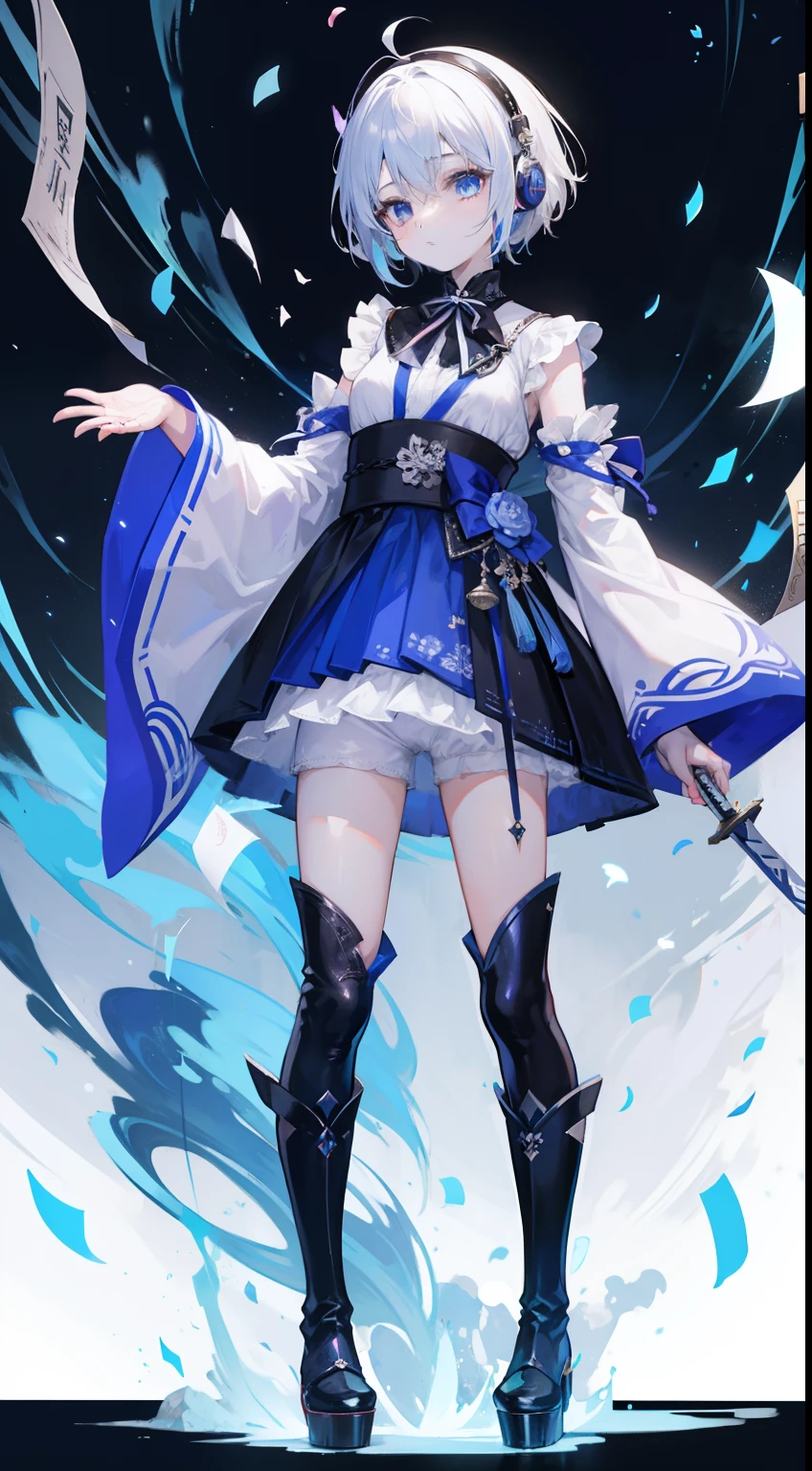 short-hair、gotik、Japanese ta、Hold the sword、Confetti、head phone、hotpants、Blue Flame、A picture that can be seen in its entirety Black boots