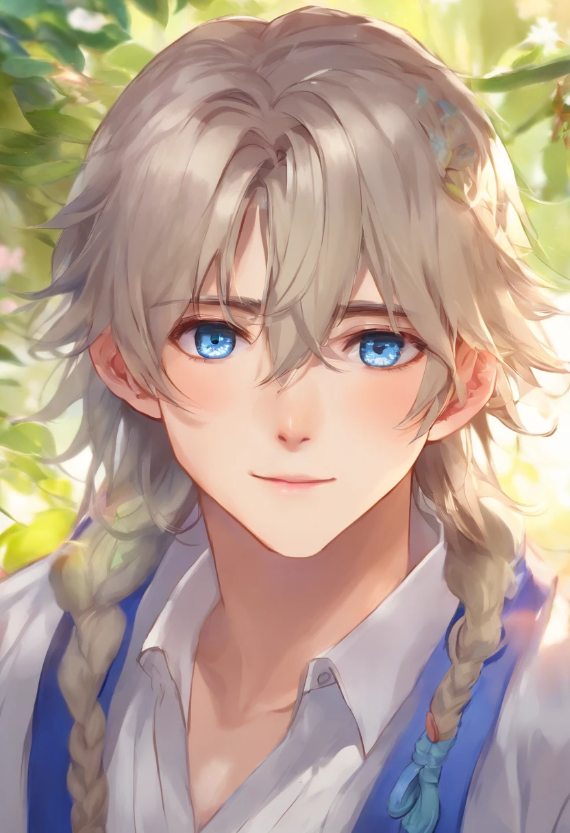 (best quality, highres, ultra-detailed), realistic, portrait, white-haired male neko  adult, blue eyes, long hair, detailed facial features, delicate skin texture, gentle expression, subtle smile, vibrant and lifelike eyes, flowing locks of hair, intricate hair strands, soft and silky hair texture, ethereal atmosphere, elegant and graceful pose, tranquil and serene background, warm and soft lighting, soothing color palette, fine brushwork, masterful shading and highlights, captivating gaze, mesmerizing and captivating artistry