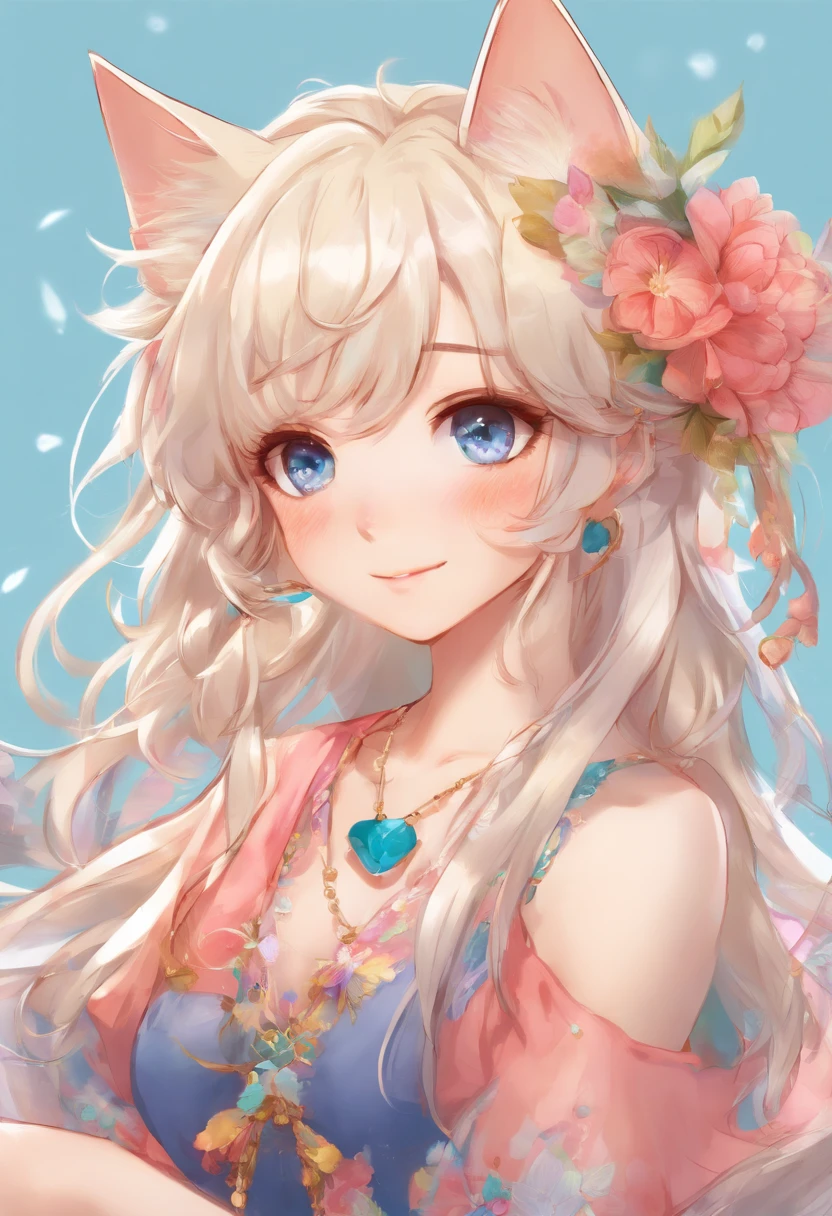 (best quality, highres, ultra-detailed), realistic, portrait, white-haired male neko young adult, blue eyes, long hair, detailed facial features, delicate skin texture, gentle expression, subtle smile, vibrant and lifelike eyes, flowing locks of hair, intricate hair strands, soft and silky hair texture, ethereal atmosphere, elegant and graceful pose, tranquil and serene background, warm and soft lighting, soothing color palette, fine brushwork, masterful shading and highlights, captivating gaze, mesmerizing and captivating artistry