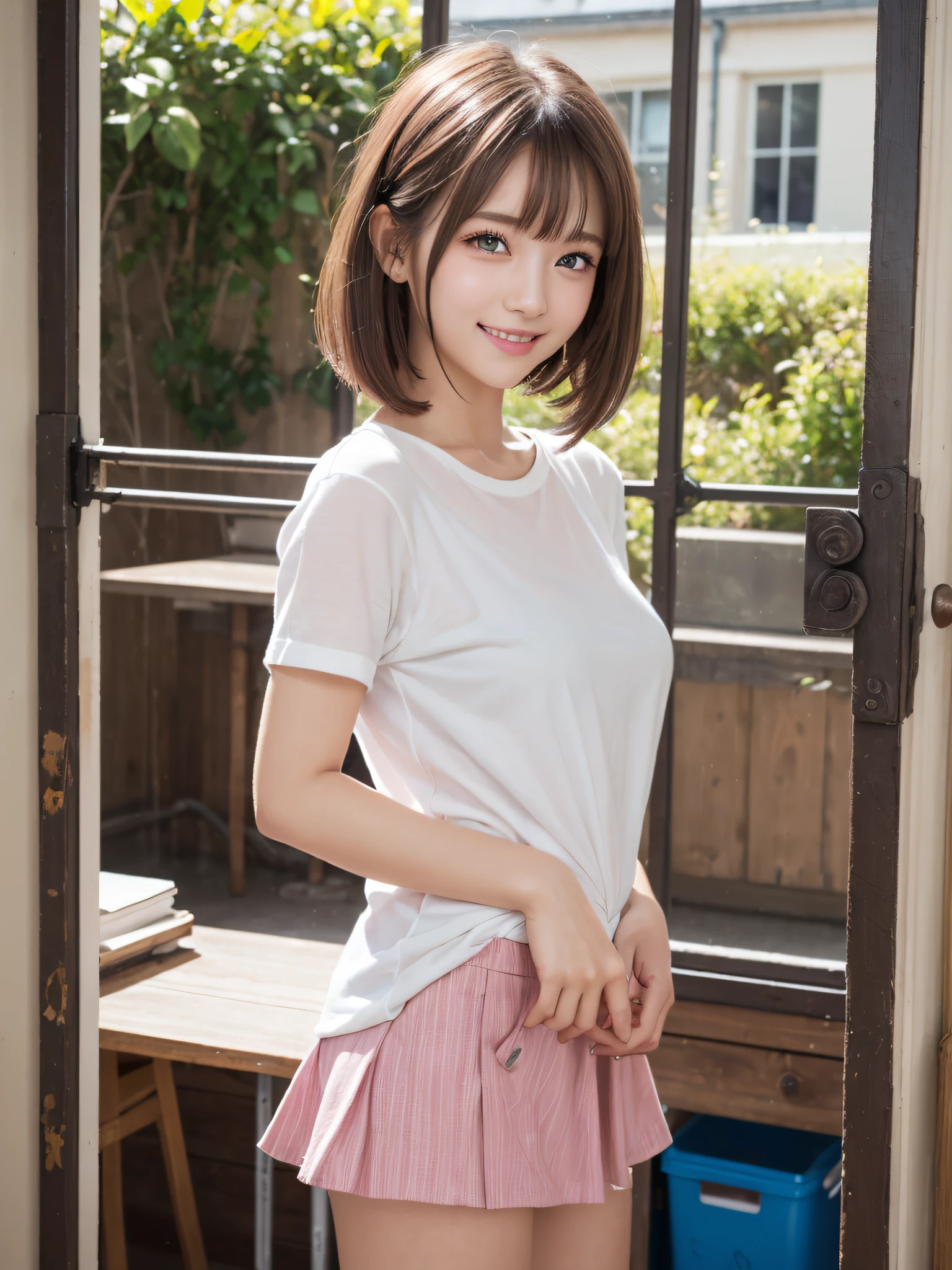 (​masterpiece), (top-quality), Top quality ultra-detailed CG art、Upper body naked、(pupils on:1.2）Pink head、Glossy hair、smooth hair、large blue eyes,Mid summer、Delicate body、cheerful girl、Tying hair、、bob cuts、vertical stripes、Art Room、student clothes、shortsleeves、a miniskirt、 (Realistic:1.5), 1 girl, Precise little hands, Embarrassed look, Smile, a very pretty girl, Clear eyes, Shining eyes,