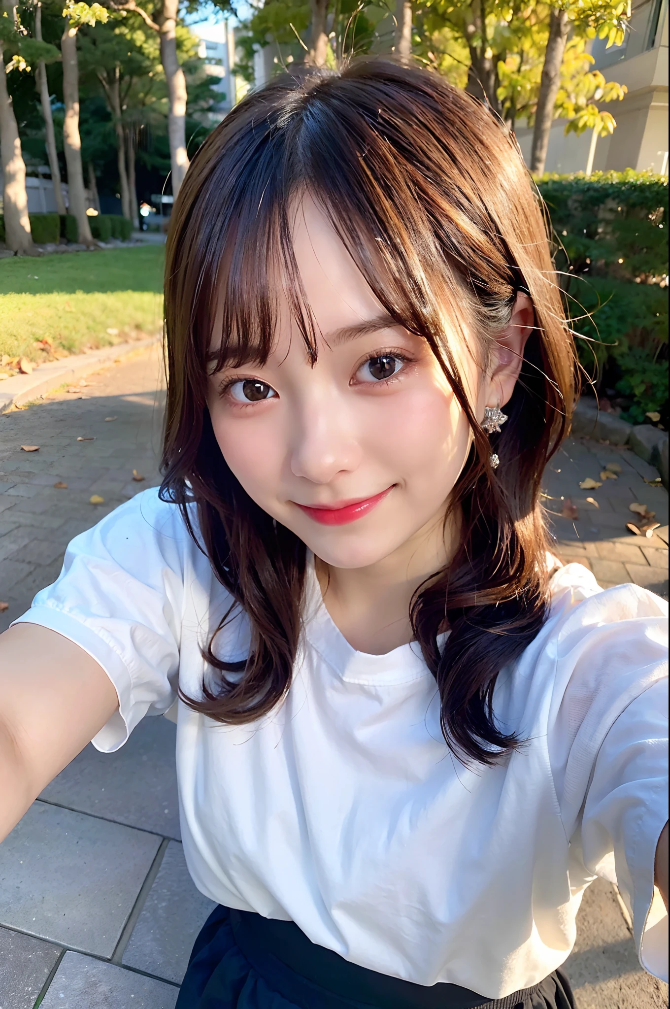 (top-quality、8K、32K、masuter piece、nffsw:1.2)、Cute Japan Girl、1人、bobhair、profile、(slim figure:1.2)、(s lips) 、(Black hair)、二重まぶた、shinny skin、Realistic rays、mare、beauitful face、(A smile:1.3)、crouching down、(From above:1.2)、(a closeup:1.4)、white t-shirts、Forest with autumn leaves、blurry backround、(Front Focus)、(Dark: 1.6)、Fantasy Art、photoRealstic、Professional Lighting、extra detailed face、Award-winning、deep-shadows、
