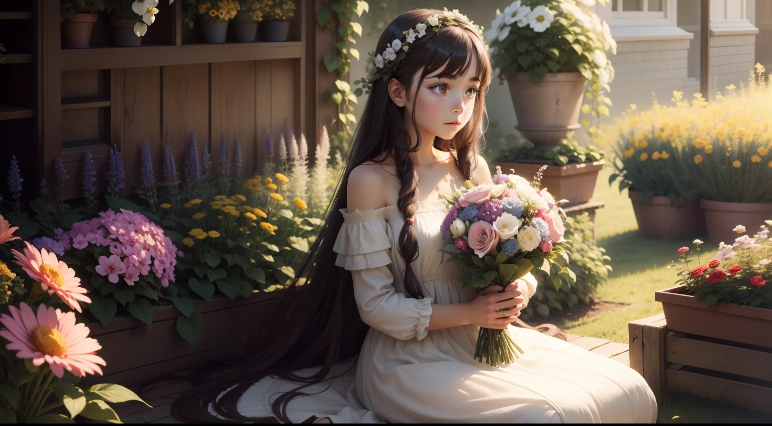 girl in a dress and long hair, holding a bouquet of flowers and sitting in a garden full of flowers and plants and animals, ultra realistic