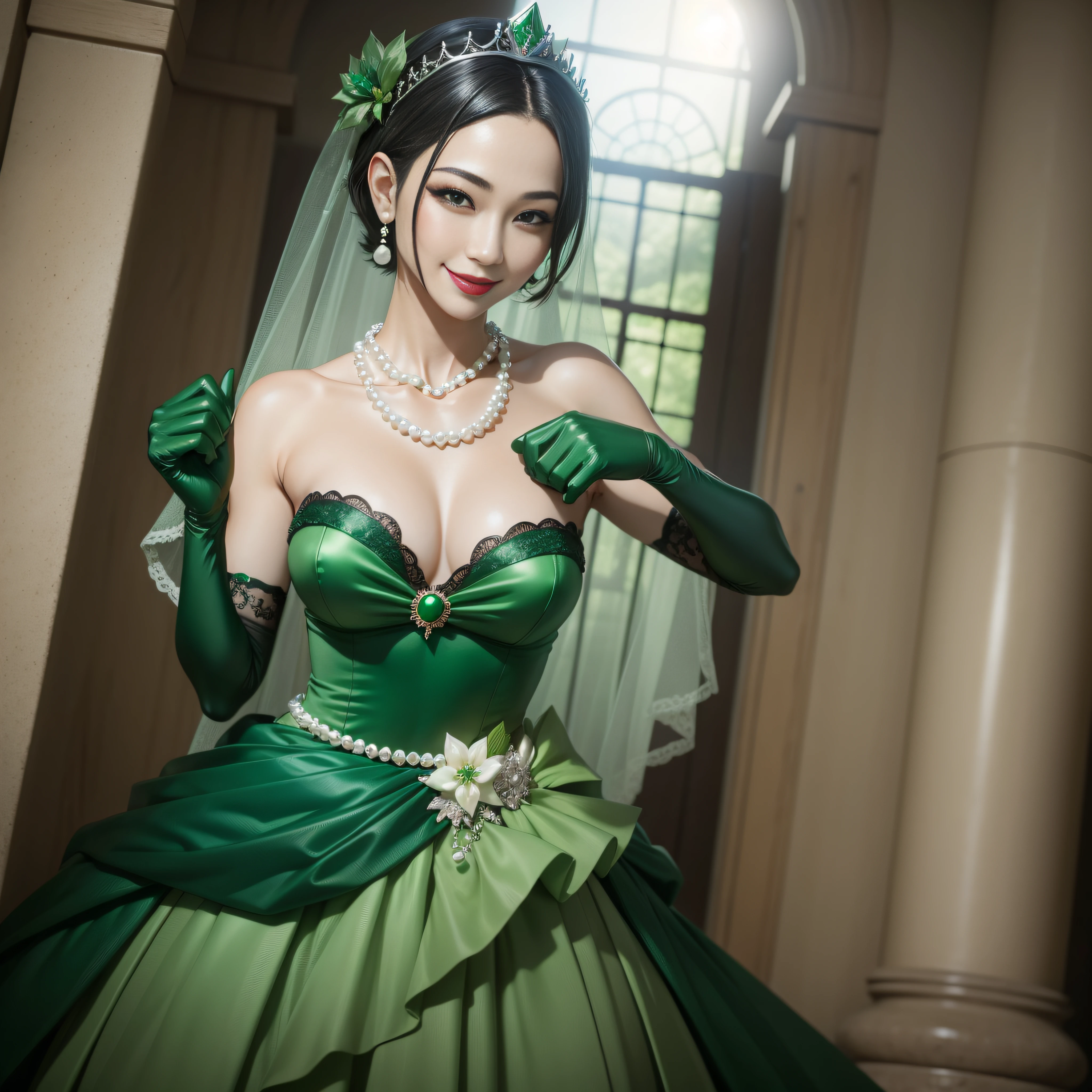 boyish very short hair, lipsticks, Japan woman smiling, Green Long Grove, Emerald tiara, Pearl Necklace