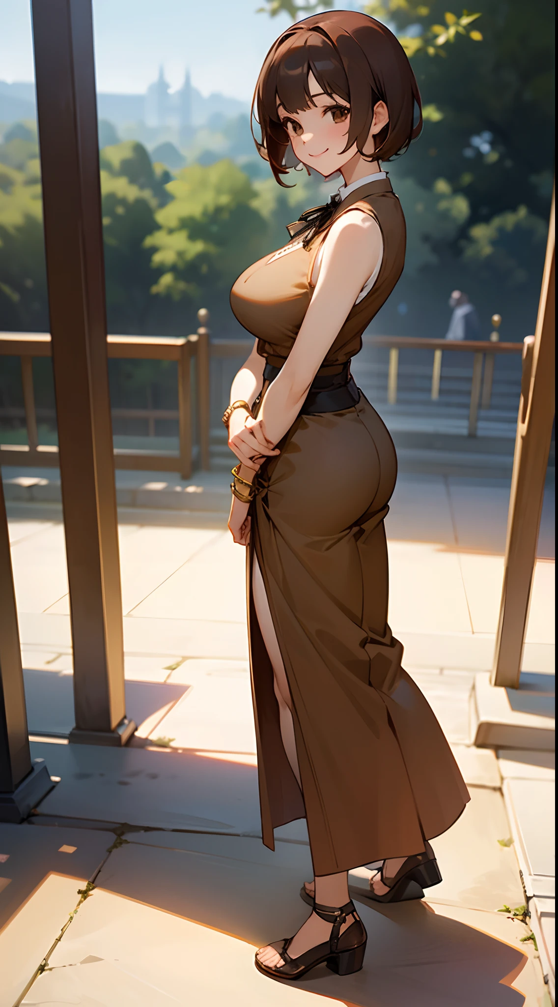 1 girl, game CG, sleeveless brown clothes, short slit skirt, neck ribbon, bangles, gigantic breasts, brown hair, short hair, brown eyes, POV, smile, full body, outdoor, looking back,