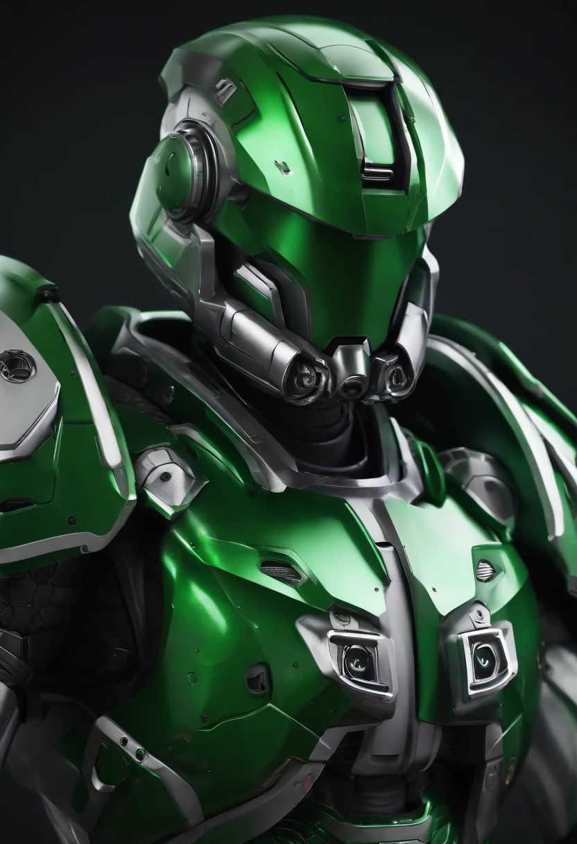 Um robo, roxo, branco detalhes verde, com armas de tinta spray, brushes on armor, capacete estilo bico de tinta spray, highes definition, renderisado por computador, 3d, realista.