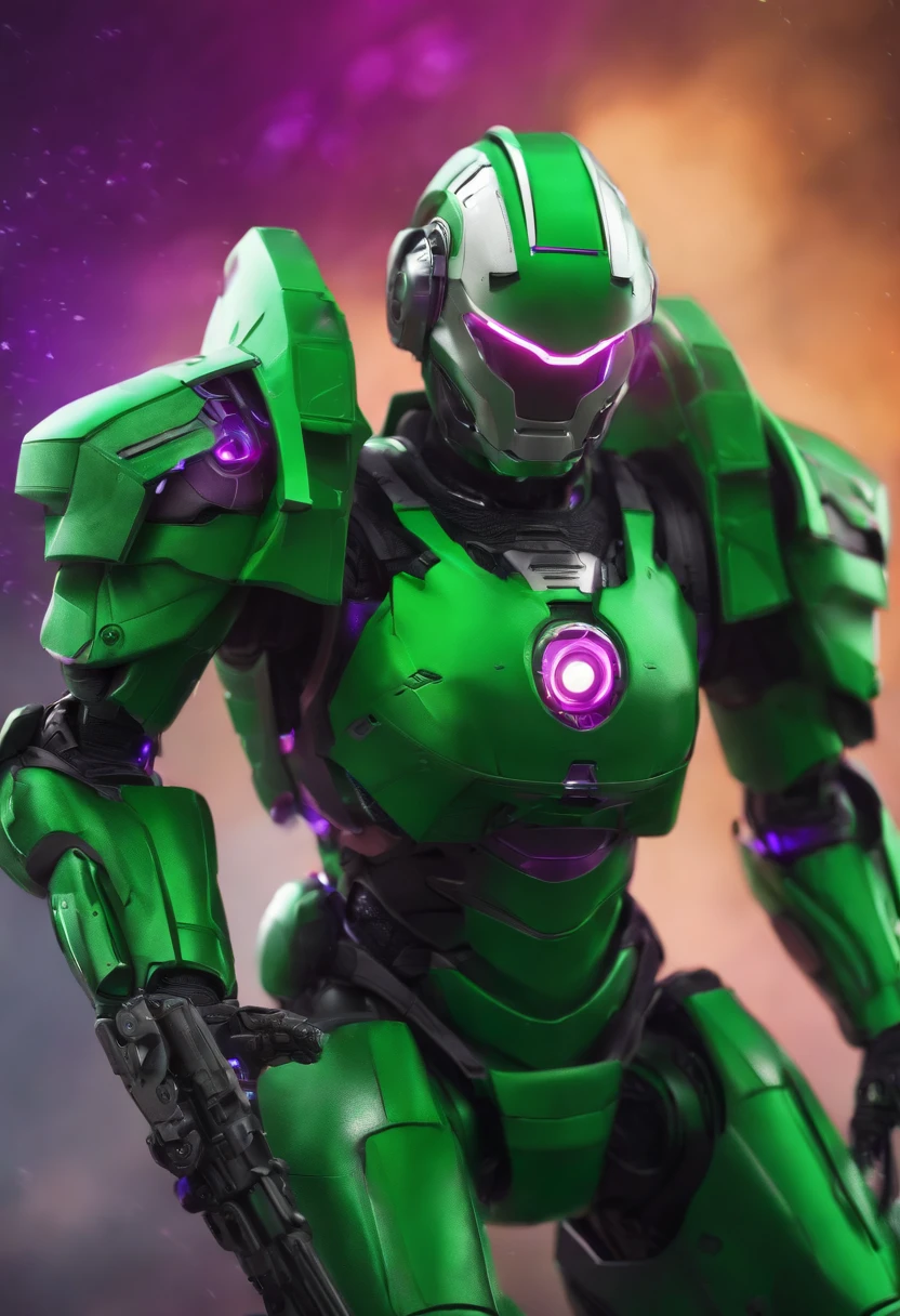 Um robo, roxo, branco detalhes verde, com armas de tinta spray, brushes on armor, capacete estilo bico de tinta spray, highes definition, renderisado por computador, 3d, realista.