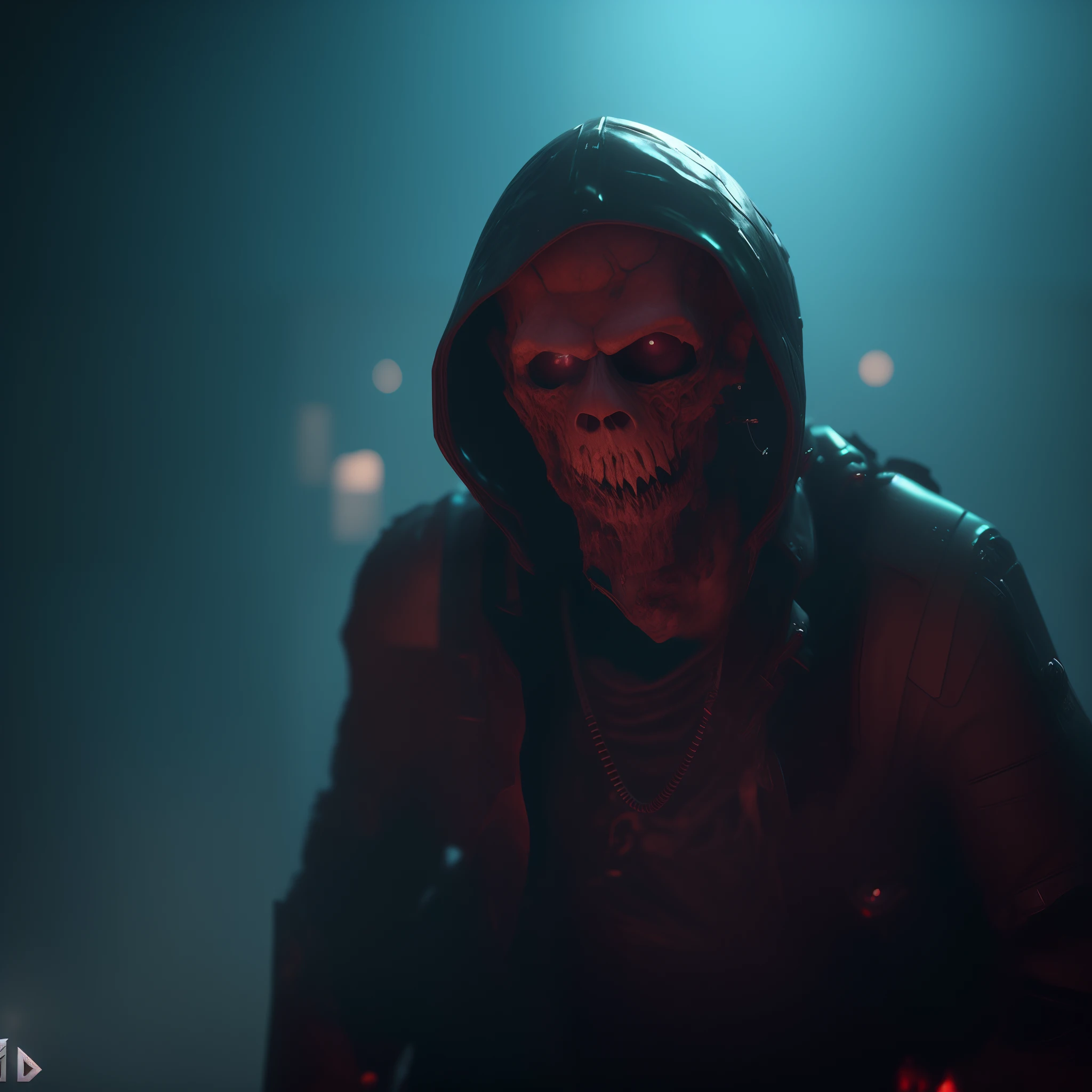 um close up de uma pessoa com capuz sentada em um quarto escuro, arte conceitual escura fotorrealista, Personagem pequeno. Motor Unreal 5, Wojtek FUS, ps5 cinematic screen capture, Captura de tela de Morbius (2022), Sneering. Cinematic lighting, arte do personagem do motor irreal, zumbi na arte conceitual do terror, renderizado no Unreal Engine 5