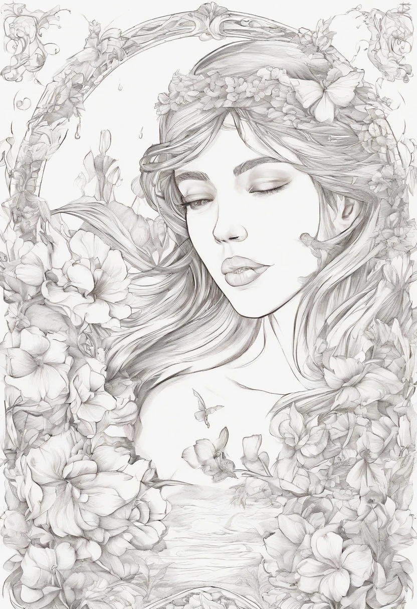 obra maestra, mejor calidad, 1girl, solo, agua, chica abrazando tulipanes, fondo simple, fondo blanco, monocromo, lineart, ((sketch))