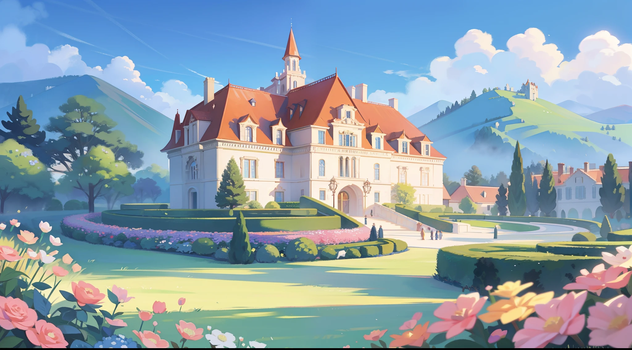 watercolor illustration, bright colors, huge whimsical asymmetrical castle, princess towers and turrets, gazebo, thomas kinkade style, intricate details, flower garden, chateau mansion