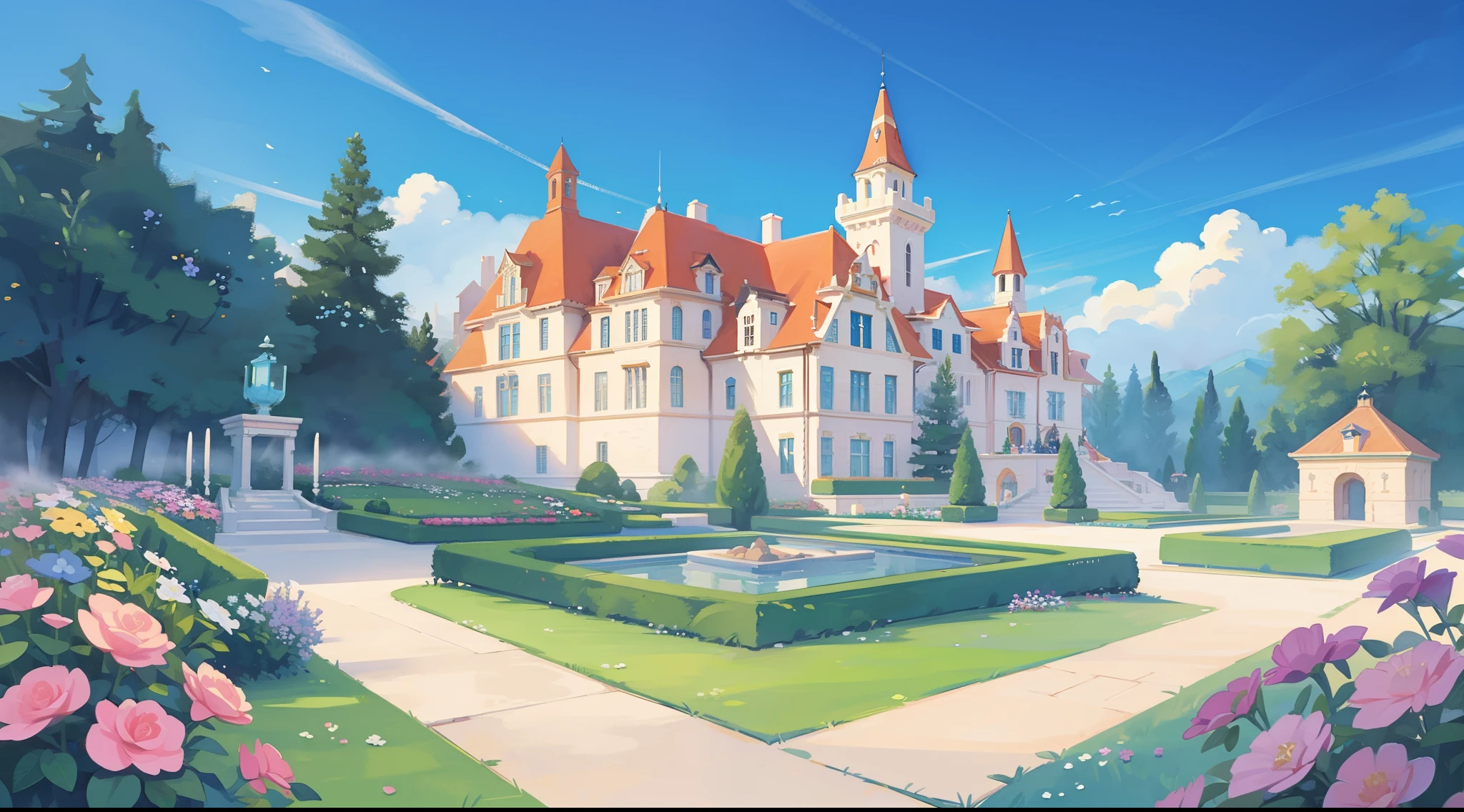 watercolor illustration, bright colors, huge whimsical asymmetrical castle, princess towers and turrets, gazebo, thomas kinkade style, intricate details, flower garden, chateau mansion