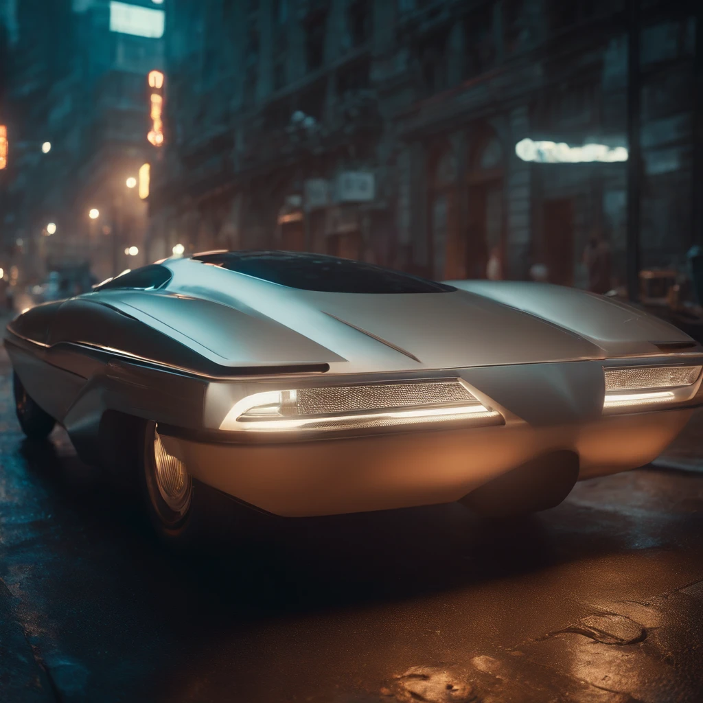 Close-up of a car in a city alley at night, ((Futuristic retro city)) Futuristic product car snapshot, Voiture futuriste, Bladerunner Voiture, Voitures futuristes, Monolithic retro futuristic, Concept-car futuriste, Concept de voiture futuriste, Concept-car, Futuristic chrome car, Voiture de science-fiction, very futuristic, Beeple et Jean Giraud, Avantgarde 8K wallpaper, ultra realist