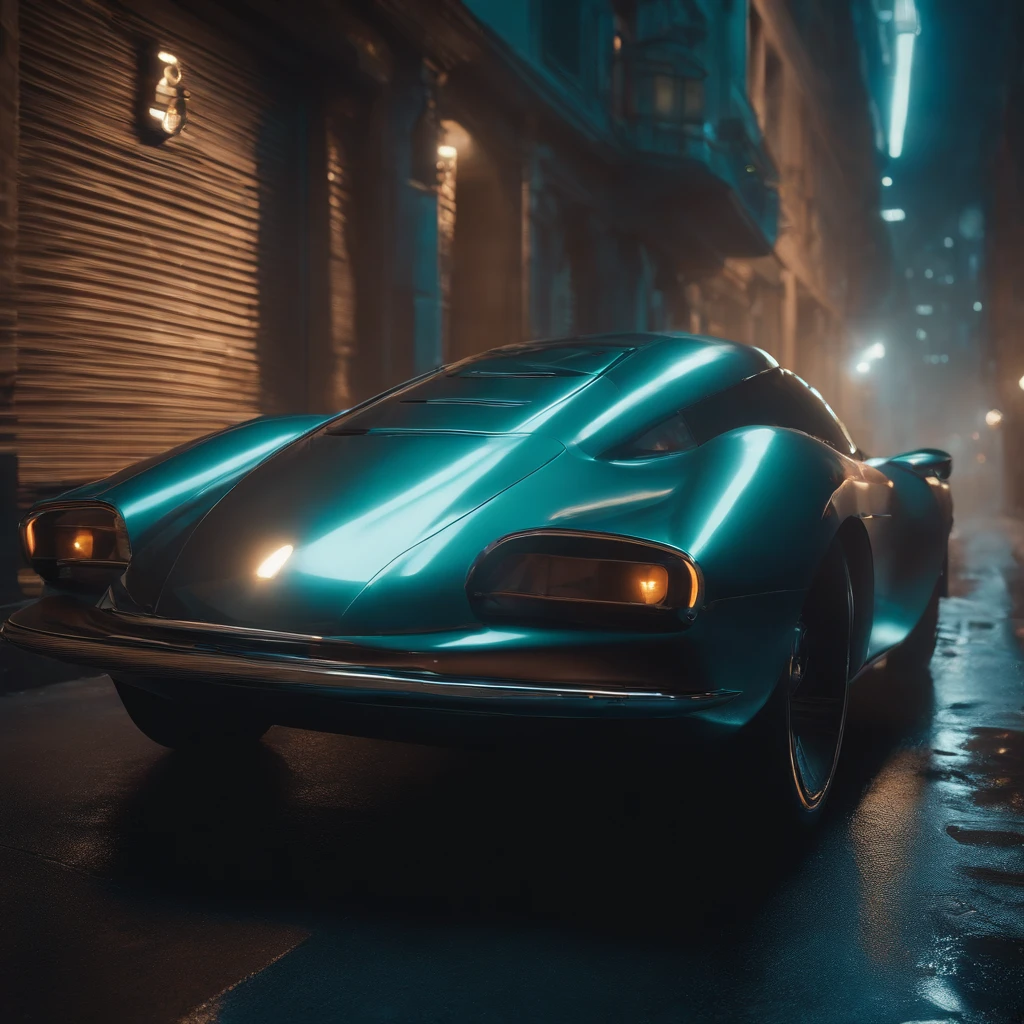 Close-up of a car in a city alley at night, ((Futuristic retro city)) Futuristic product car snapshot, Voiture futuriste, Bladerunner Voiture, Voitures futuristes, Monolithic retro futuristic, Concept-car futuriste, Concept de voiture futuriste, Concept-car, Futuristic chrome car, Voiture de science-fiction, very futuristic, Beeple et Jean Giraud, Avantgarde 8K wallpaper, ultra realist