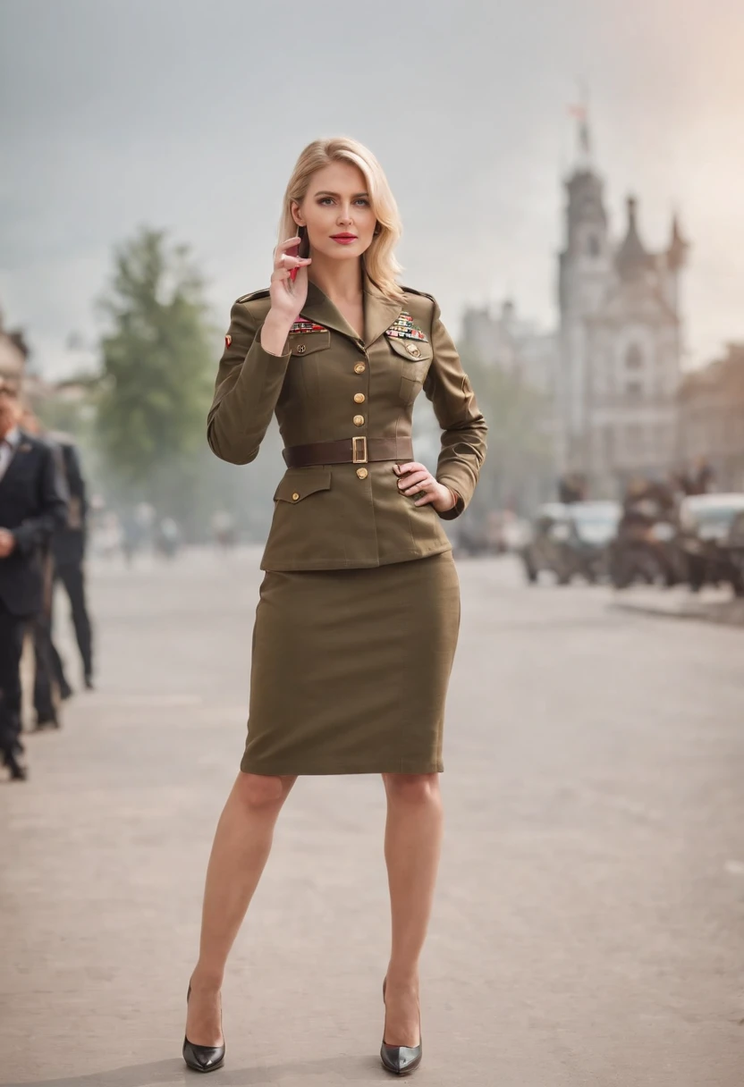Military Girl in shirt skirt and pantyhose saluting