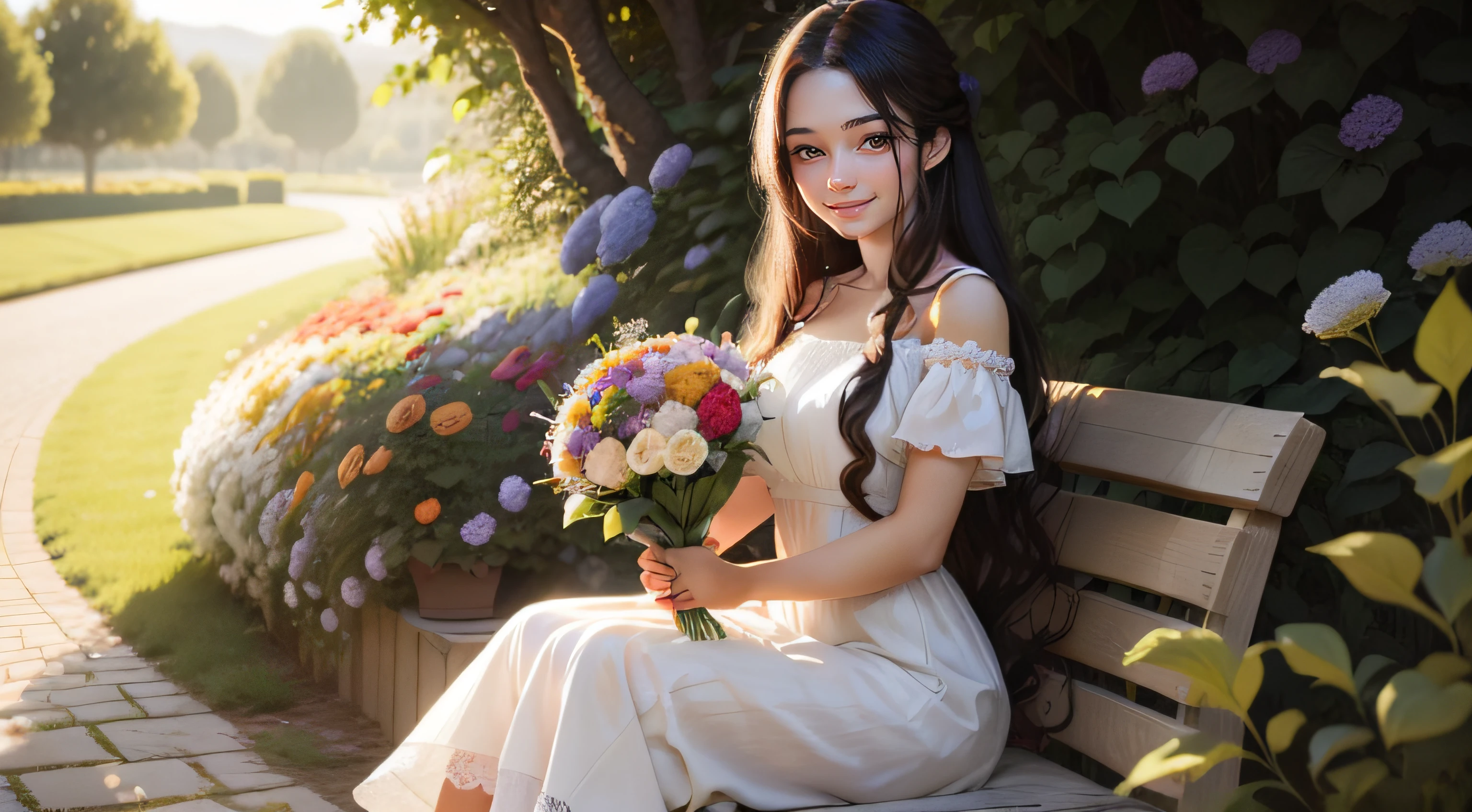20 year old smiling girl in a dress and long dark hair, holding a bouquet of flowers and sitting in a garden full of flowers and plants, ultra realistic