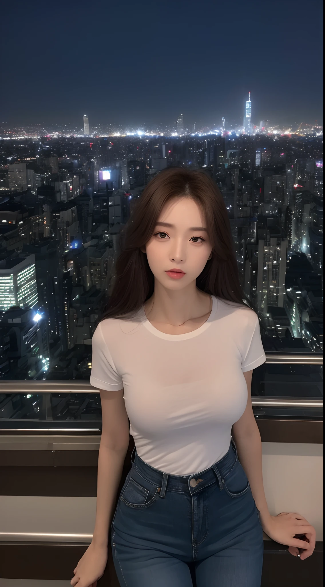 ((Midnight, Best quality, 8k, Masterpiece :1.3)), Whole body, Long legs, Sharp focus :1.2, A pretty woman with perfect figure :1.4, Slender abs :1.1, ((Dark brown hair, Big breasts :1.2)), (White tight tshirt, Jean bib, Standing:1.2), ((Night city view, Rooftop:1.3)), Highly detailed face and skin texture, Detailed eyes, Double eyelid