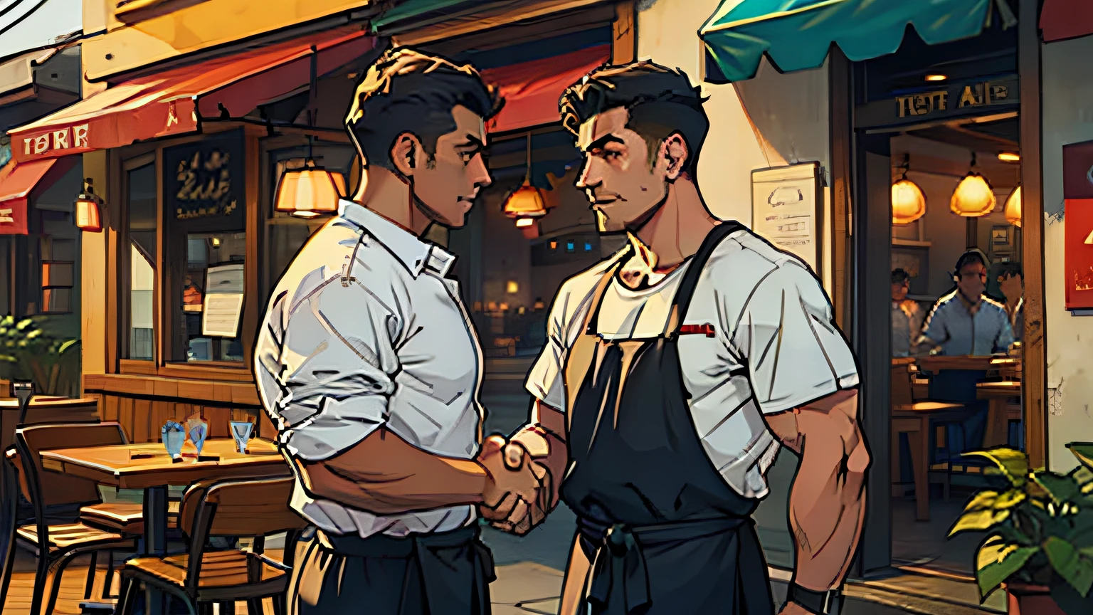 father, wearing a shirt, in front of the restaurant, shaking hands with his friend