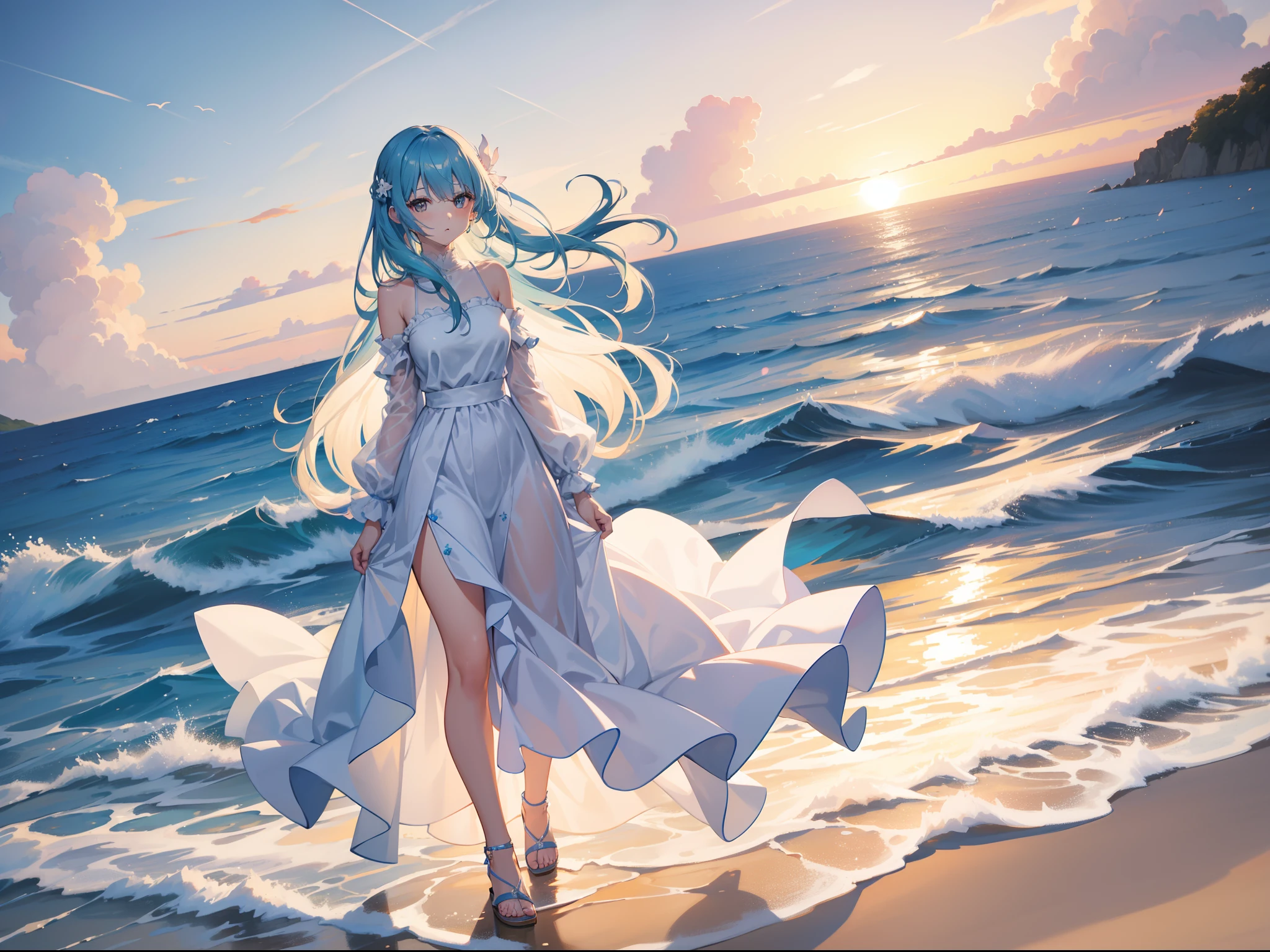 Girl with long light blue hair、Black eyes、Long dress with white ruffles.The figure illuminated by the setting sun is a god々Right!an orange、pink there、Yellow blends to fill the sky、The sunset over the beach is truly mesmerizing。The crystal clear sea gently kisses the shore、White sand beaches stretch everywhere。Seagulls soar high into the sky、It's a dynamic and breathtaking scene。Embrace a calm atmosphere、Peace washes you。Face Highlights
